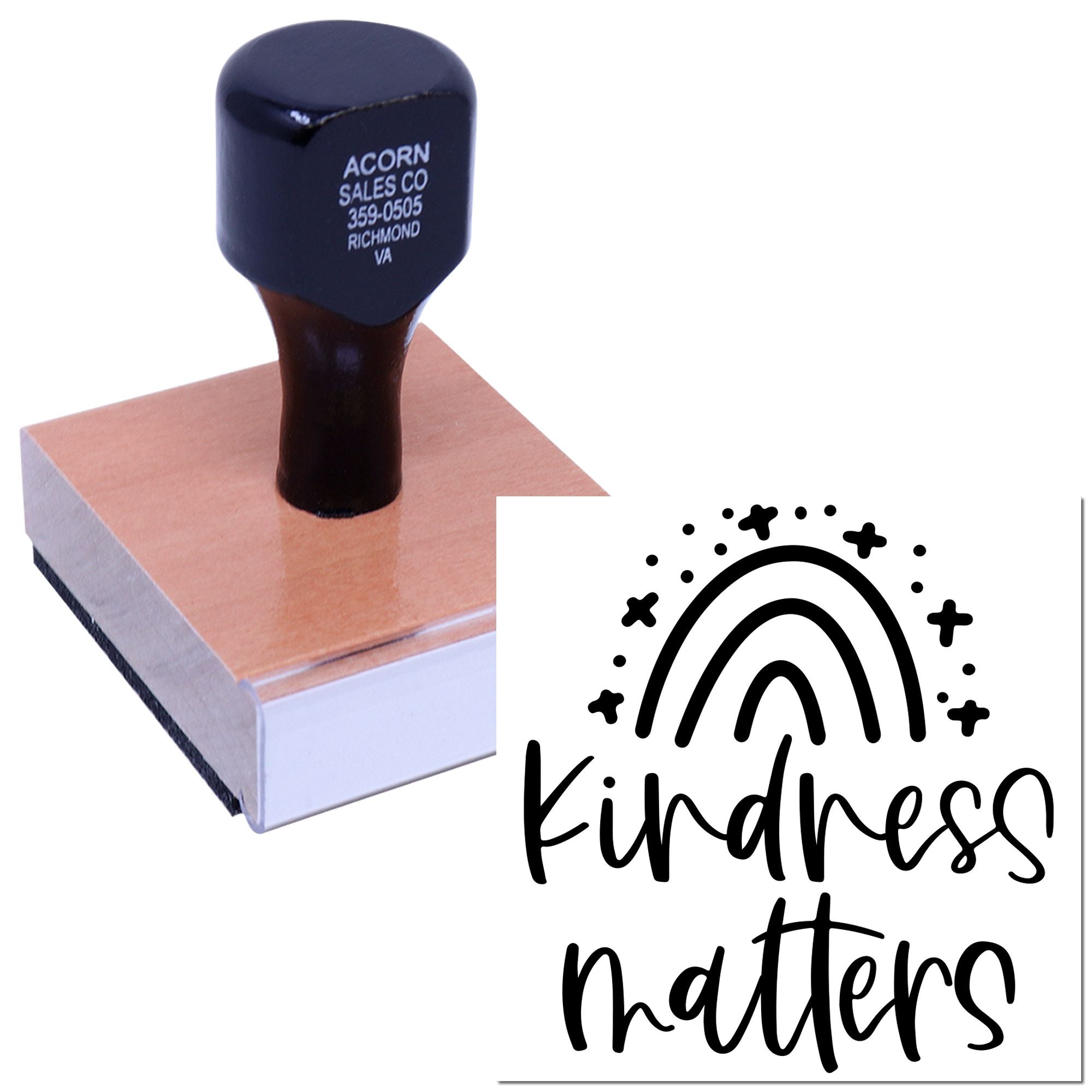 Custom rubber stamp featuring a Kindness Matters design for crafts, packaging, and uplifting business branding.