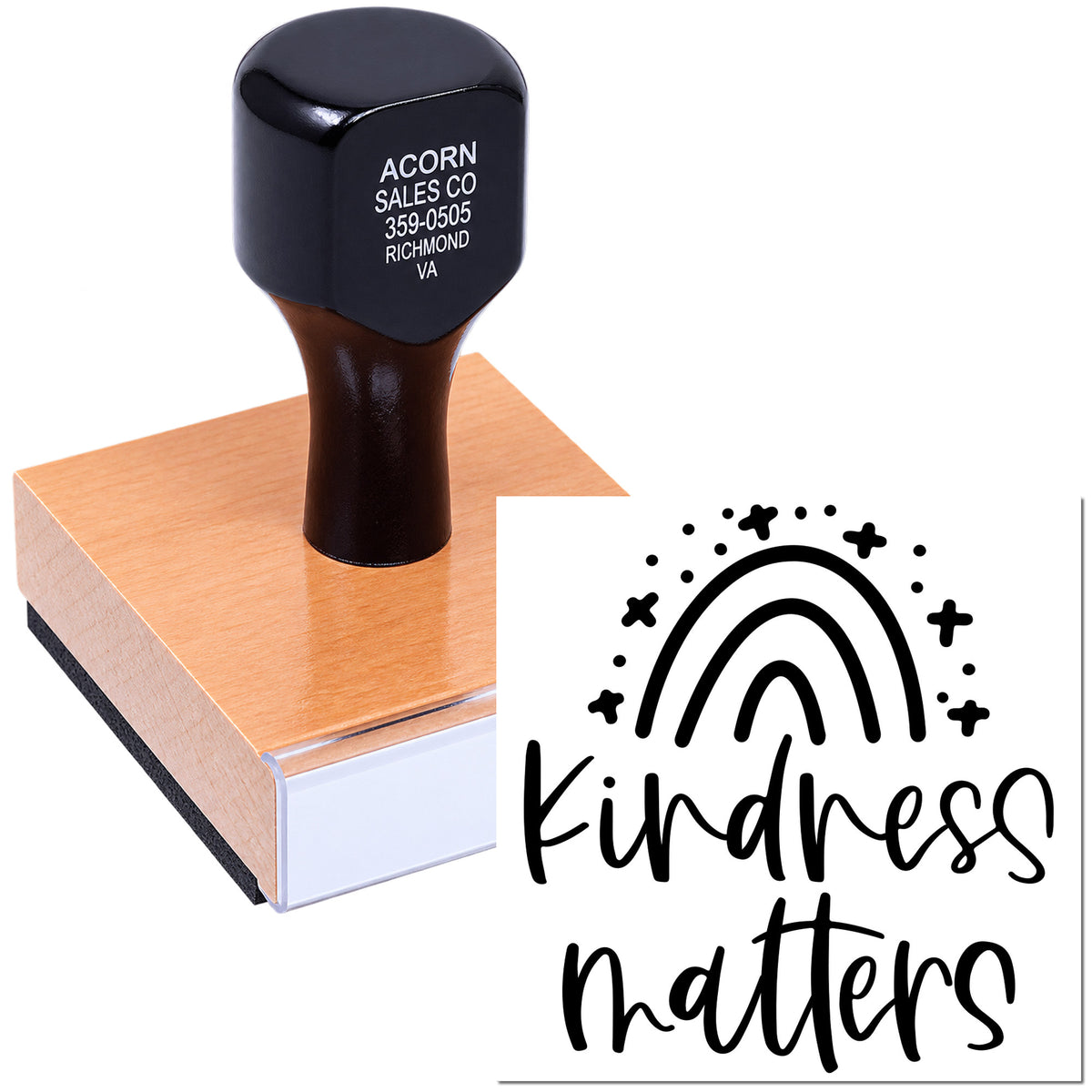 Custom rubber stamp featuring a Kindness Matters design for crafts, packaging, and uplifting business branding.