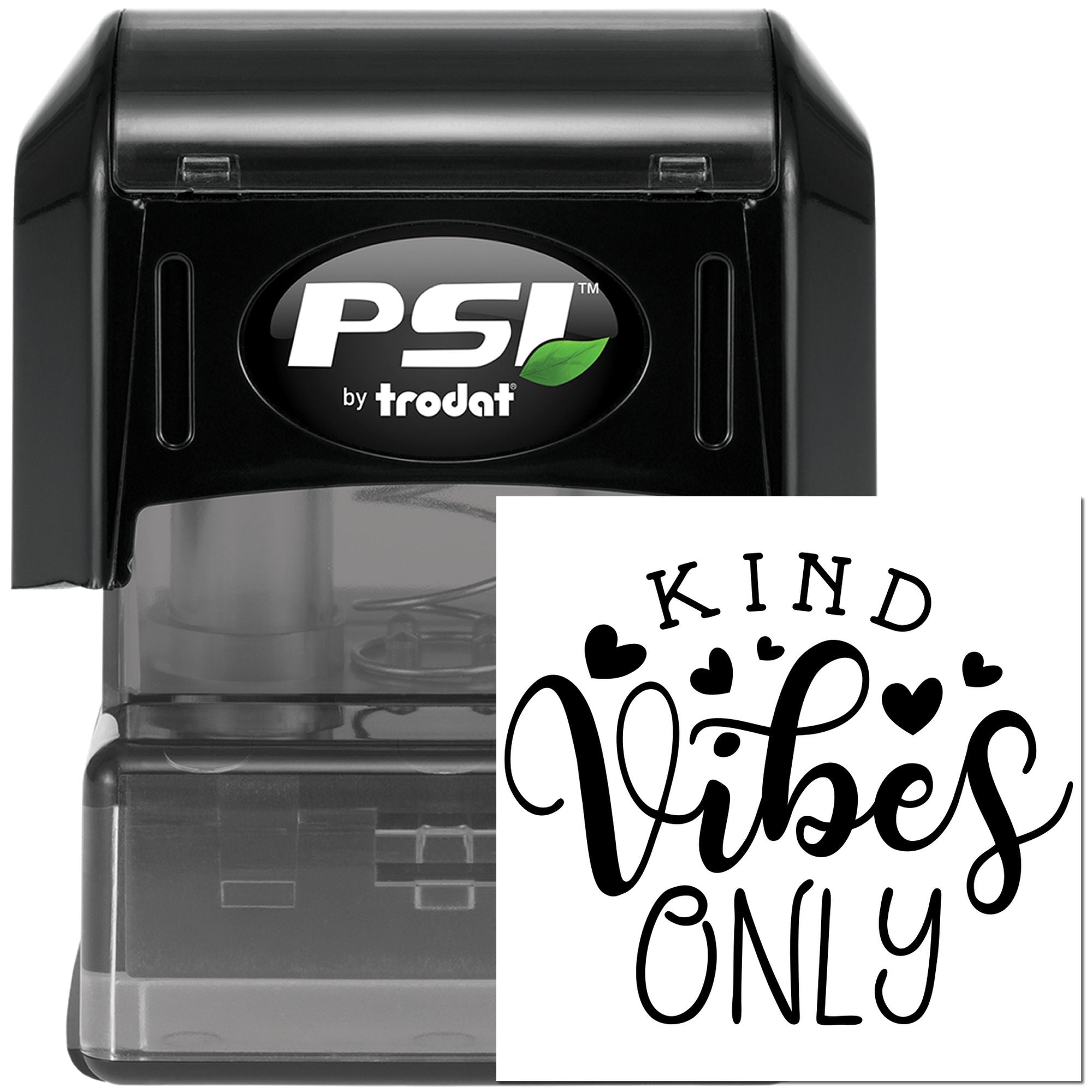 PSI by Trodat self-inking rubber stamp with custom Kind Vibes Only design for personalized stamping.