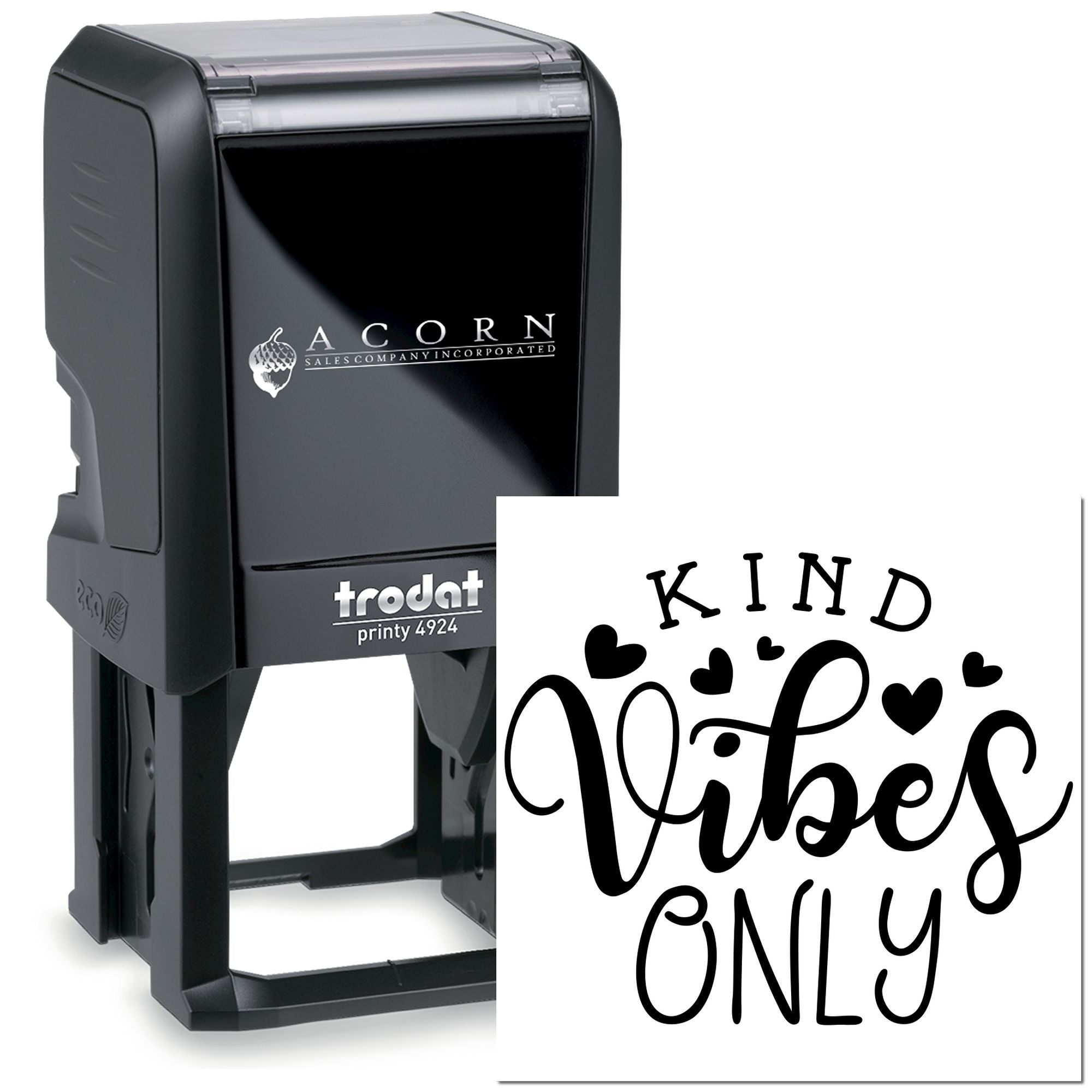 Custom self-inking rubber stamp with Kind Vibes Only design for personalized craft projects and business branding.