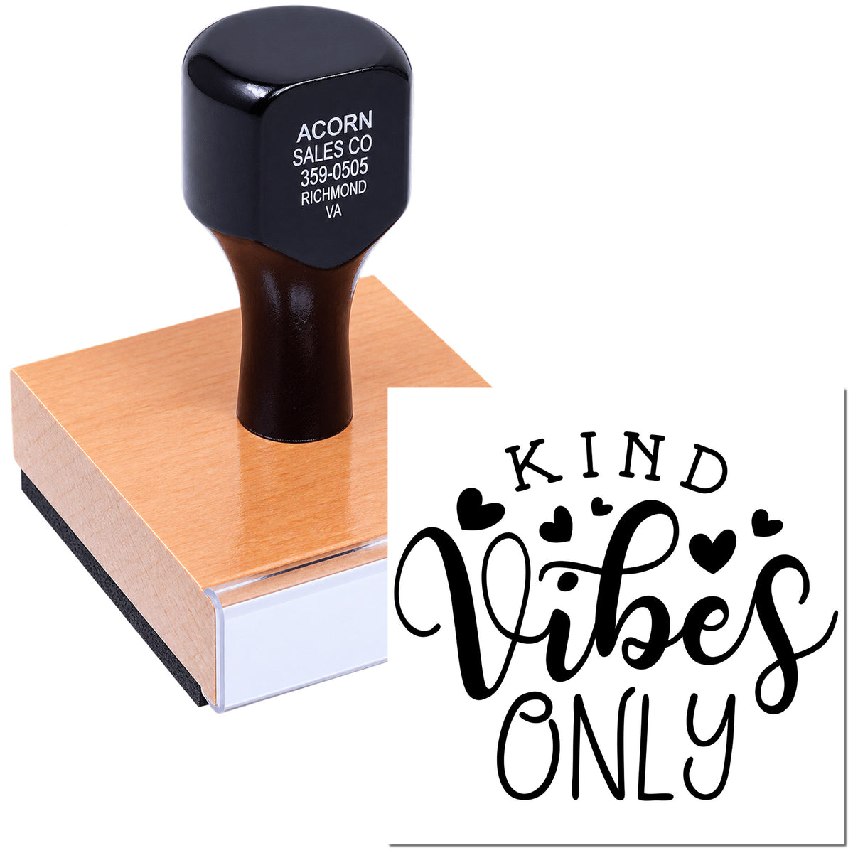 Custom rubber stamp with Kind Vibes Only design for handmade cards, packaging, and positive branding.