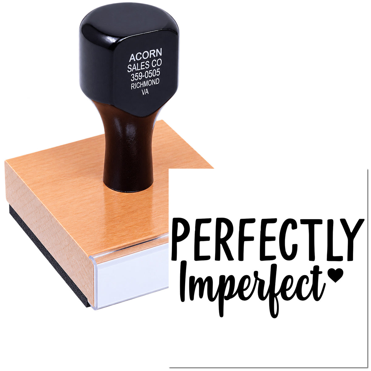 Custom rubber stamp reading Perfectly Imperfect for handmade product packaging and small business branding.