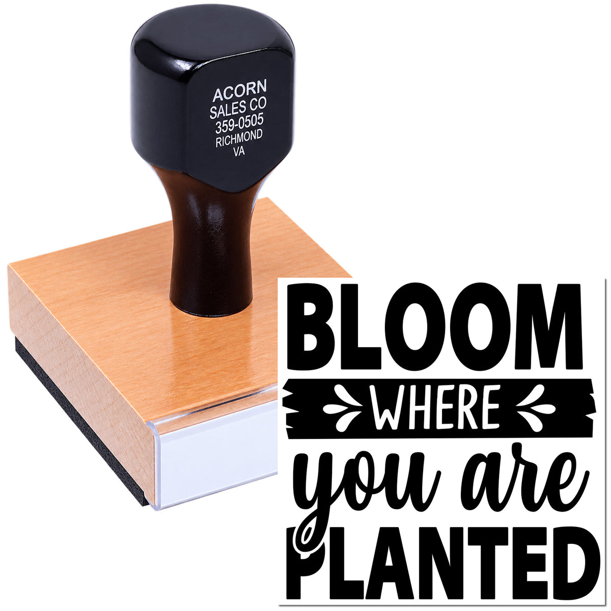 Custom rubber stamp with Bloom where you are planted design for inspirational crafting, packaging, and handmade projects.