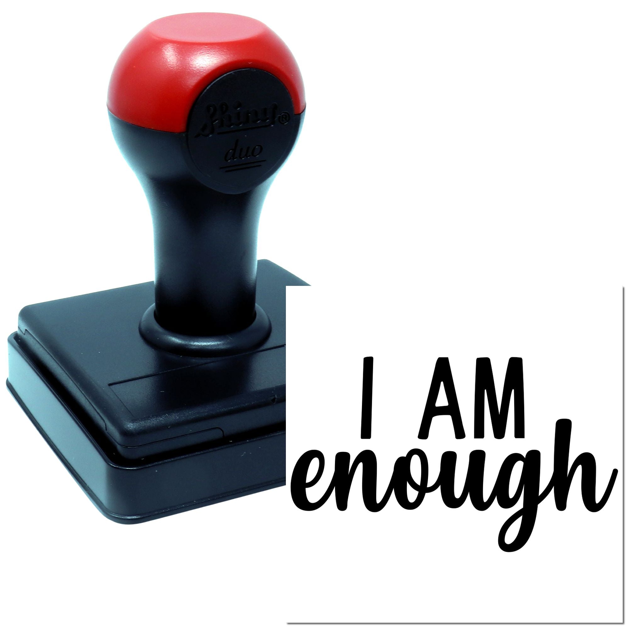 Self-inking rubber stamp with I AM enough motivational phrase for journaling, crafts, and handmade branding.
