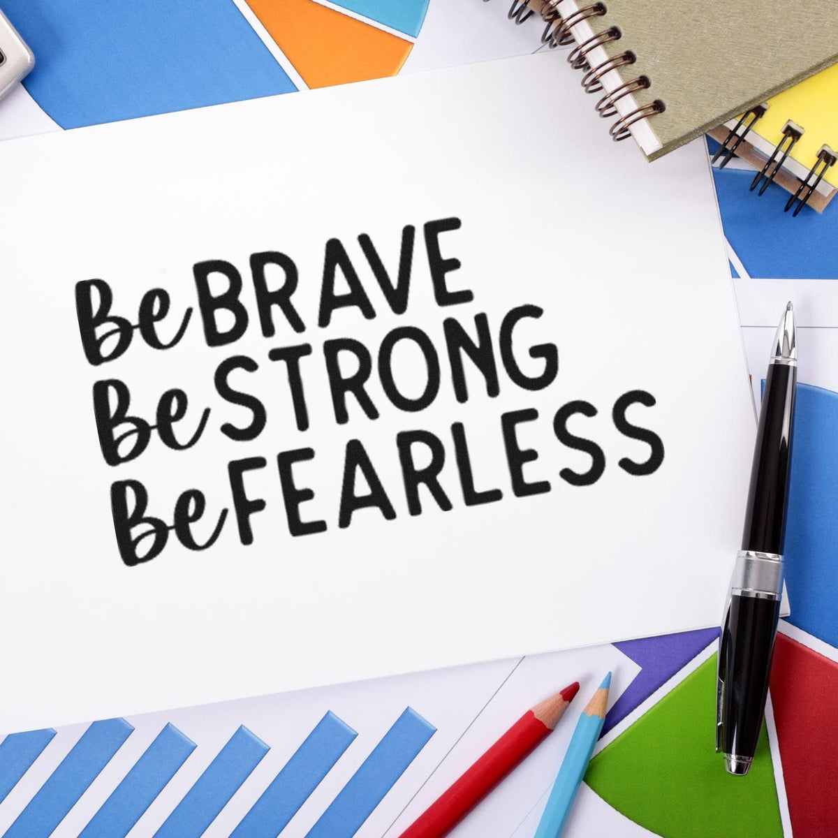Be Brave Strong Fearless Premium Wooden Stamp - Vintage Pro imprint stamped in black ink. The phrases "Be brave," "be strong," and "be fearless" stack in mixed script and capitals.