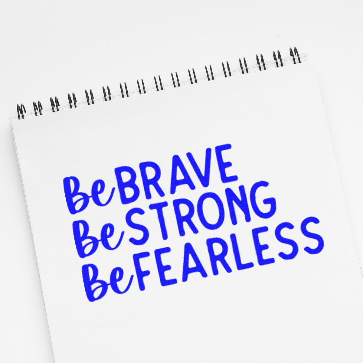 Be Brave Strong Fearless rubber stamp shown in blue ink, stamped for projects such as crew album page.