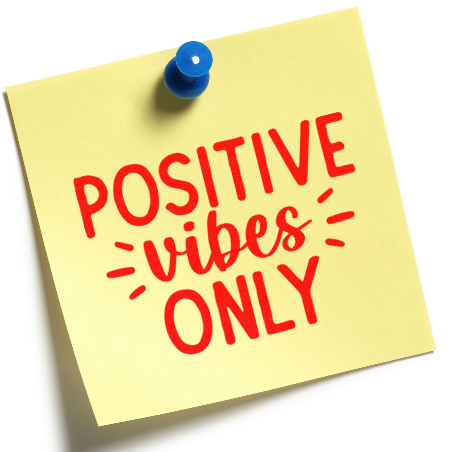 Positive vibes only rubber stamp design on a sticky note, perfect for motivational messaging and craft projects.
