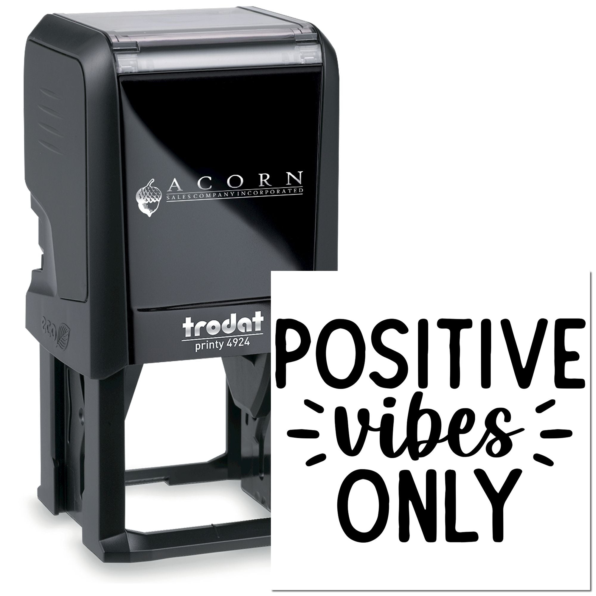 Trodat Printy 4924 custom self-inking rubber stamp with Positive Vibes Only design for business branding.