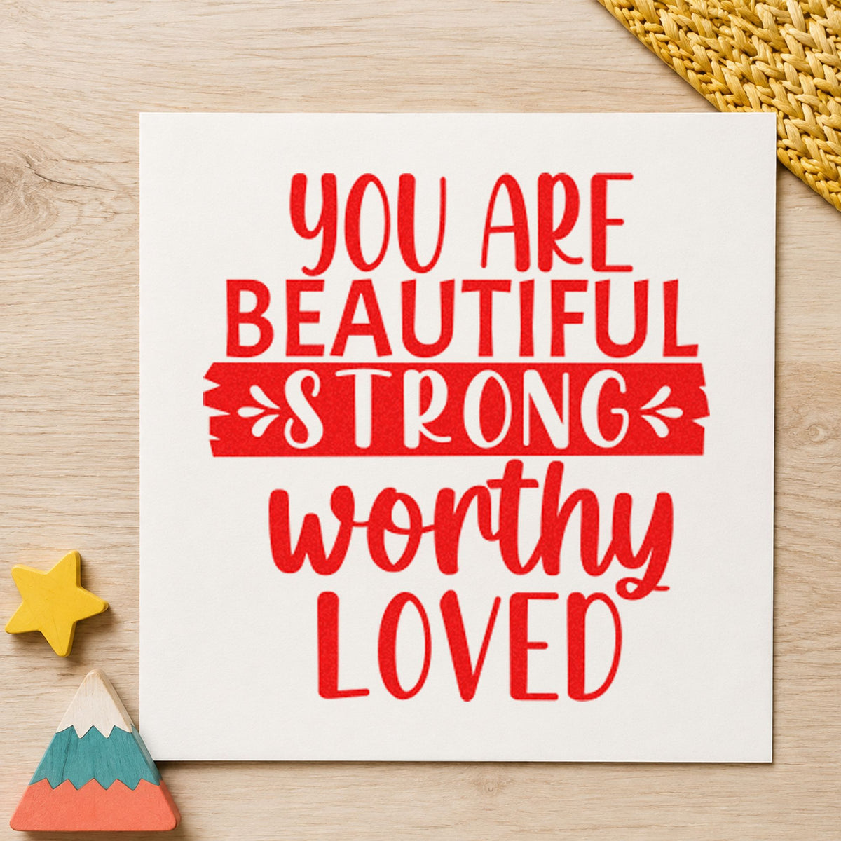 Beautiful Strong Worthy Loved craft stamp imprint in red ink on a handmade project, one idea being letter to self cards.