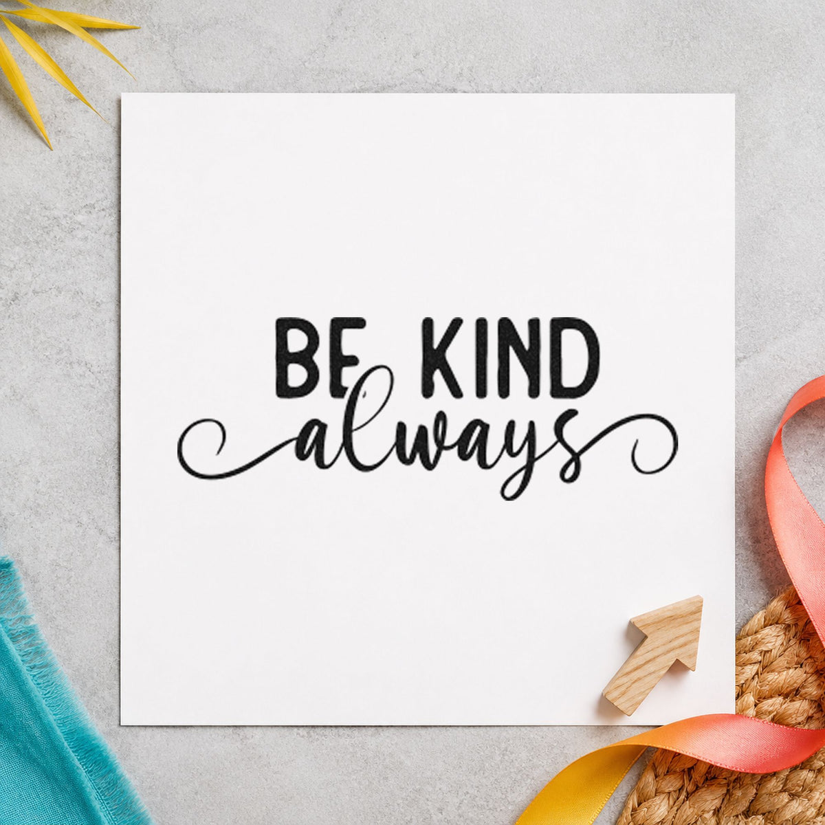 Be Kind Always Script craft stamp imprint in black ink on a handmade project, one idea being parcel gift tags.