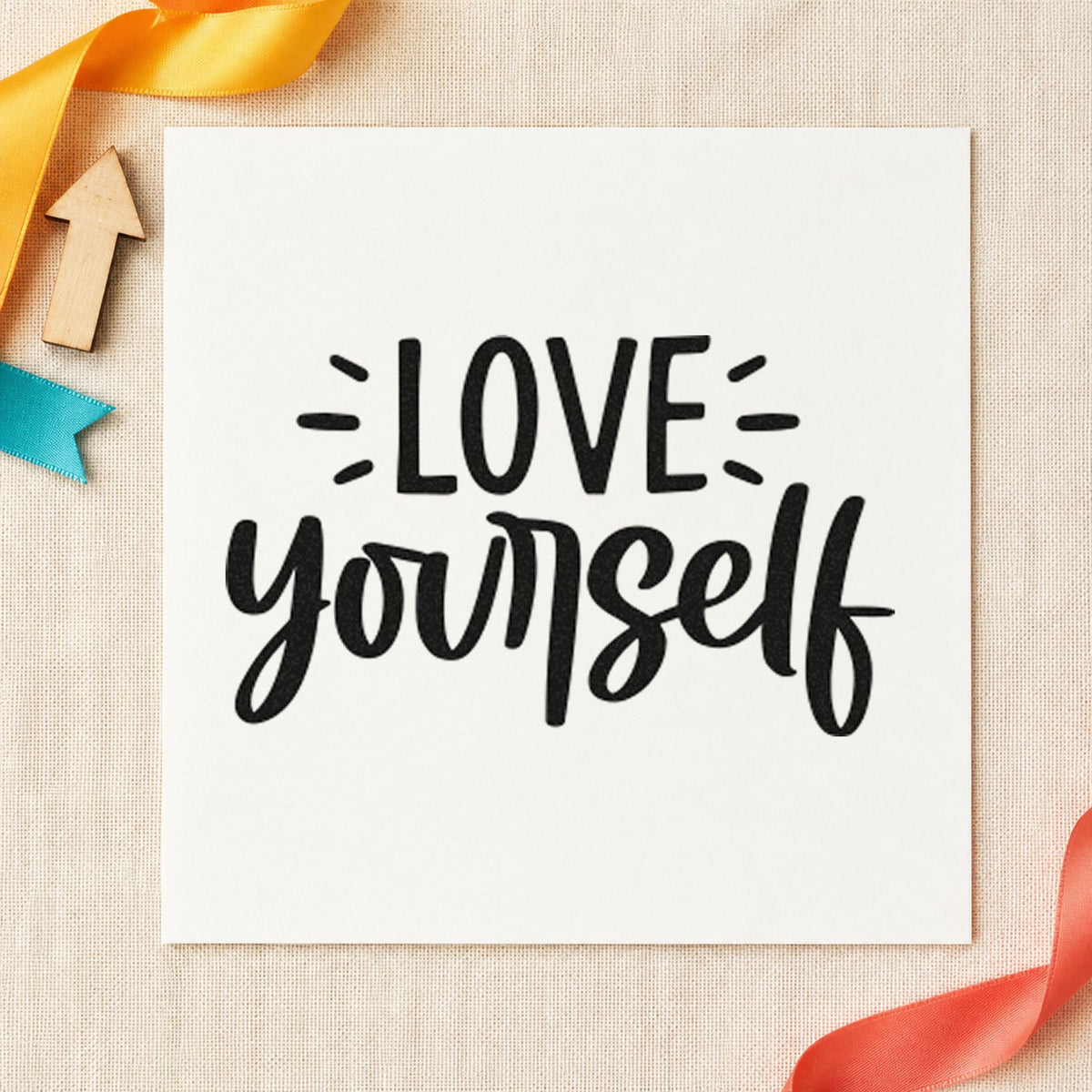 Love Yourself Bold Script rubber stamp printed in black ink, ready for cure time sheet and similar paper crafts.