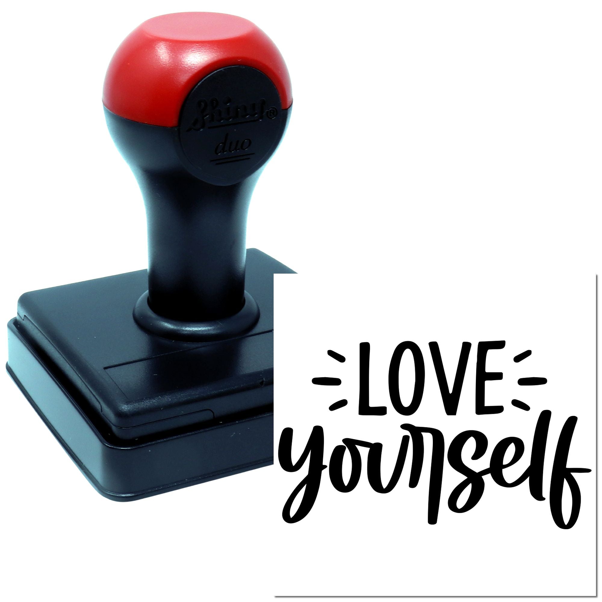 Self-inking rubber stamp with LOVE yourself design, ideal for custom motivational stamping and craft projects.