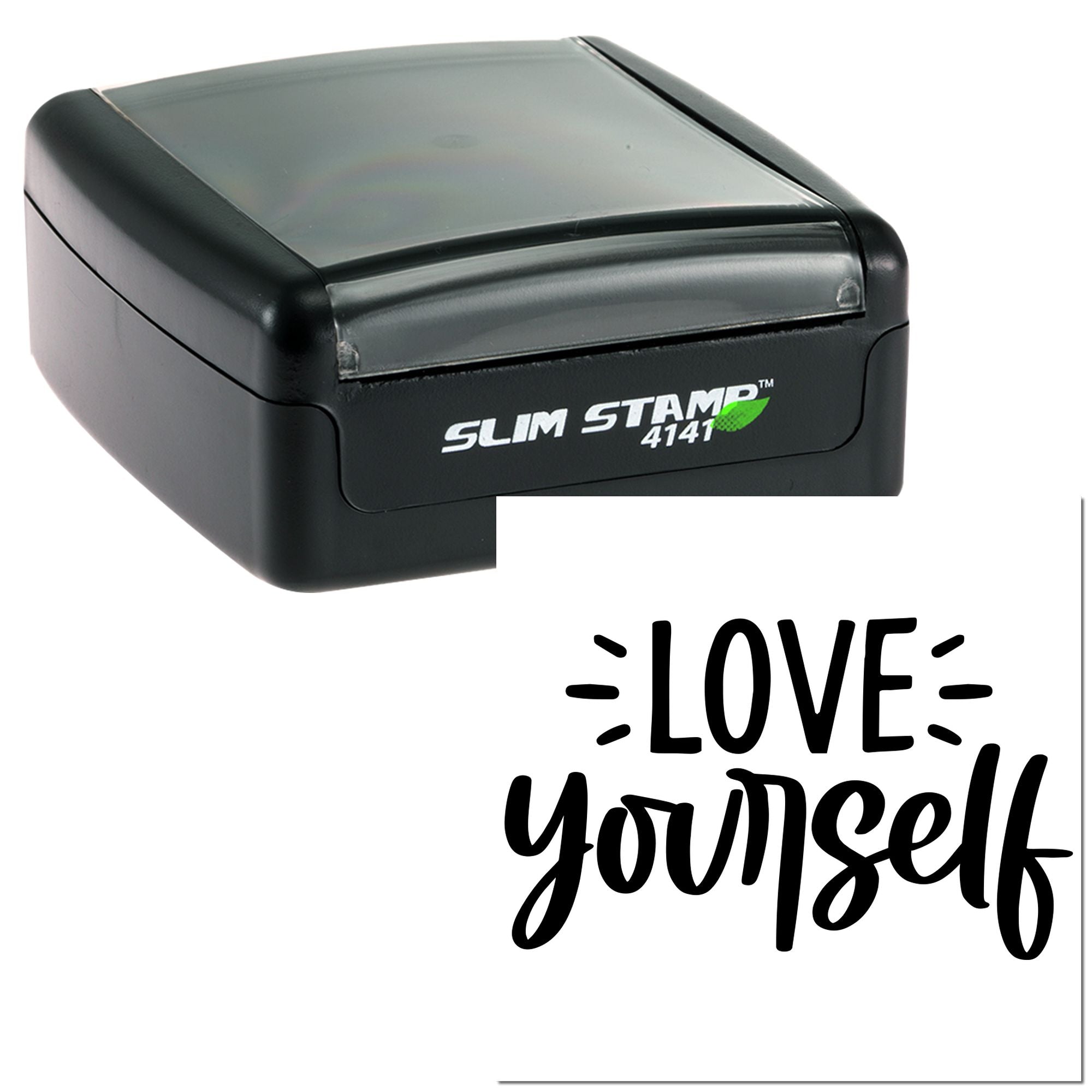 Slim Stamp 4141 self-inking rubber stamp with Love Yourself imprint for custom motivational stamping.