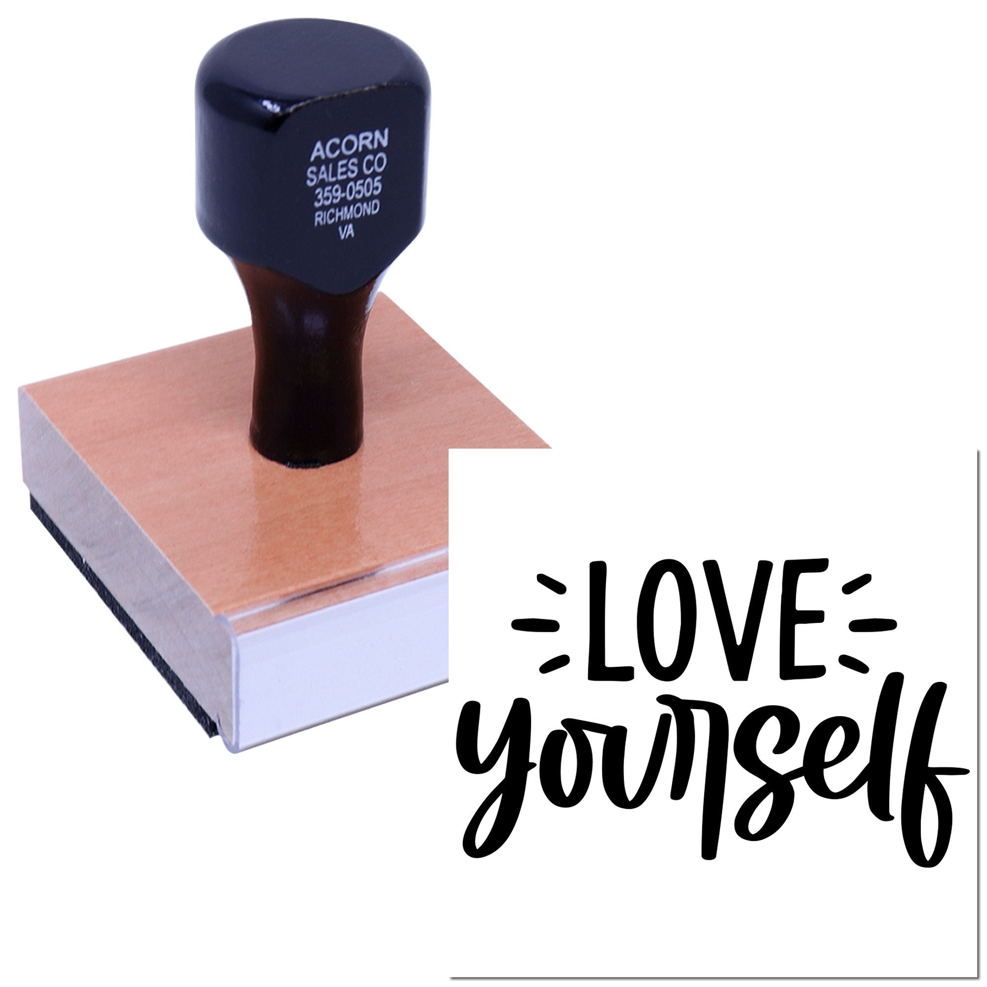 Custom rubber stamp with Love Yourself design for DIY crafts, branding, and personalized stamping.