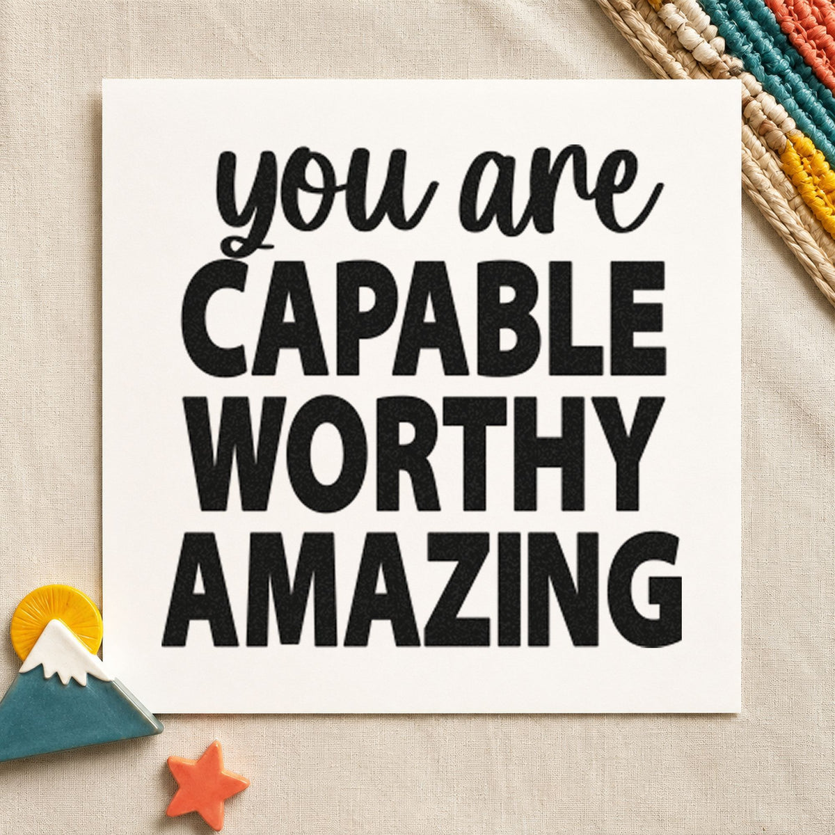 Capable Worthy Amazing Lettering craft stamp imprint in black ink on a handmade project, one idea being scrub set gift tags.