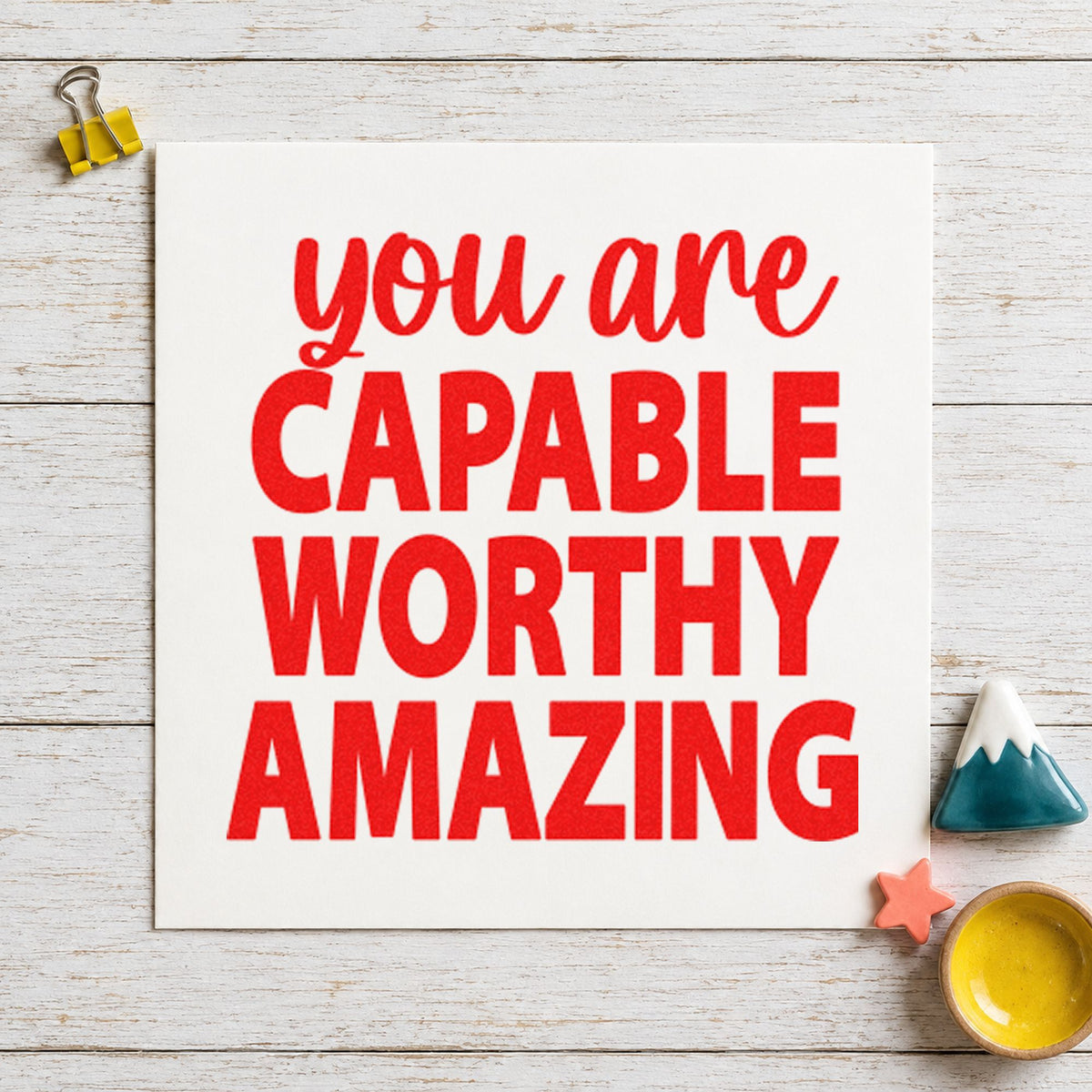 Capable Worthy Amazing Lettering rubber stamp shown in red ink, stamped for projects such as drawer course labels.