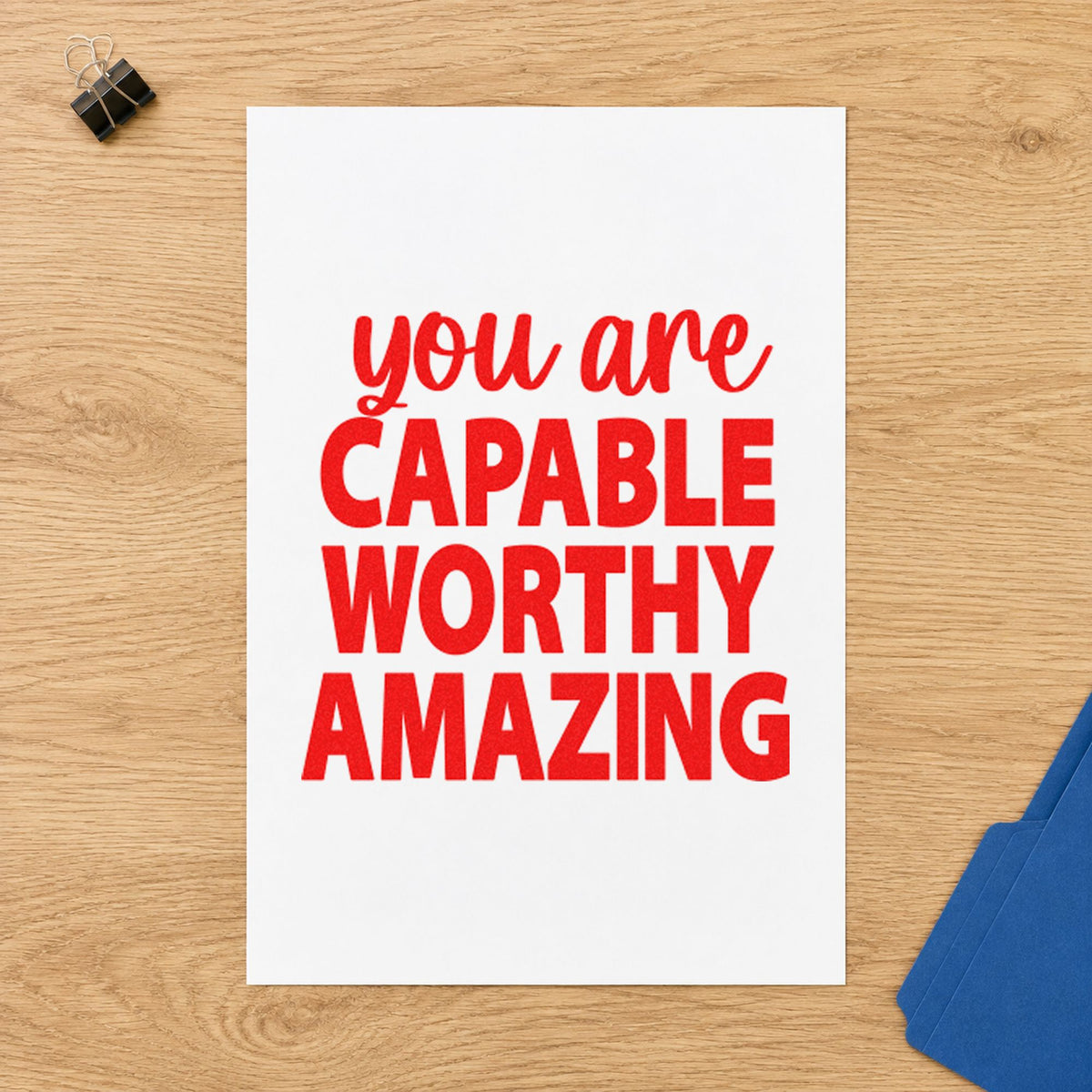 Capable Worthy Amazing Lettering craft stamp imprint in red ink on a handmade project, one idea being skill checkoff cards.