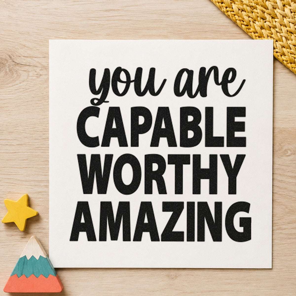Capable Worthy Amazing Lettering rubber stamp printed in black ink, ready for three capital cards and similar paper crafts.