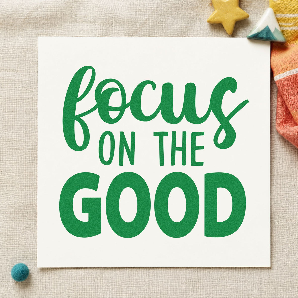 Focus On The Good craft stamp in green ink on cardstock, an easy option for dinner album page.
