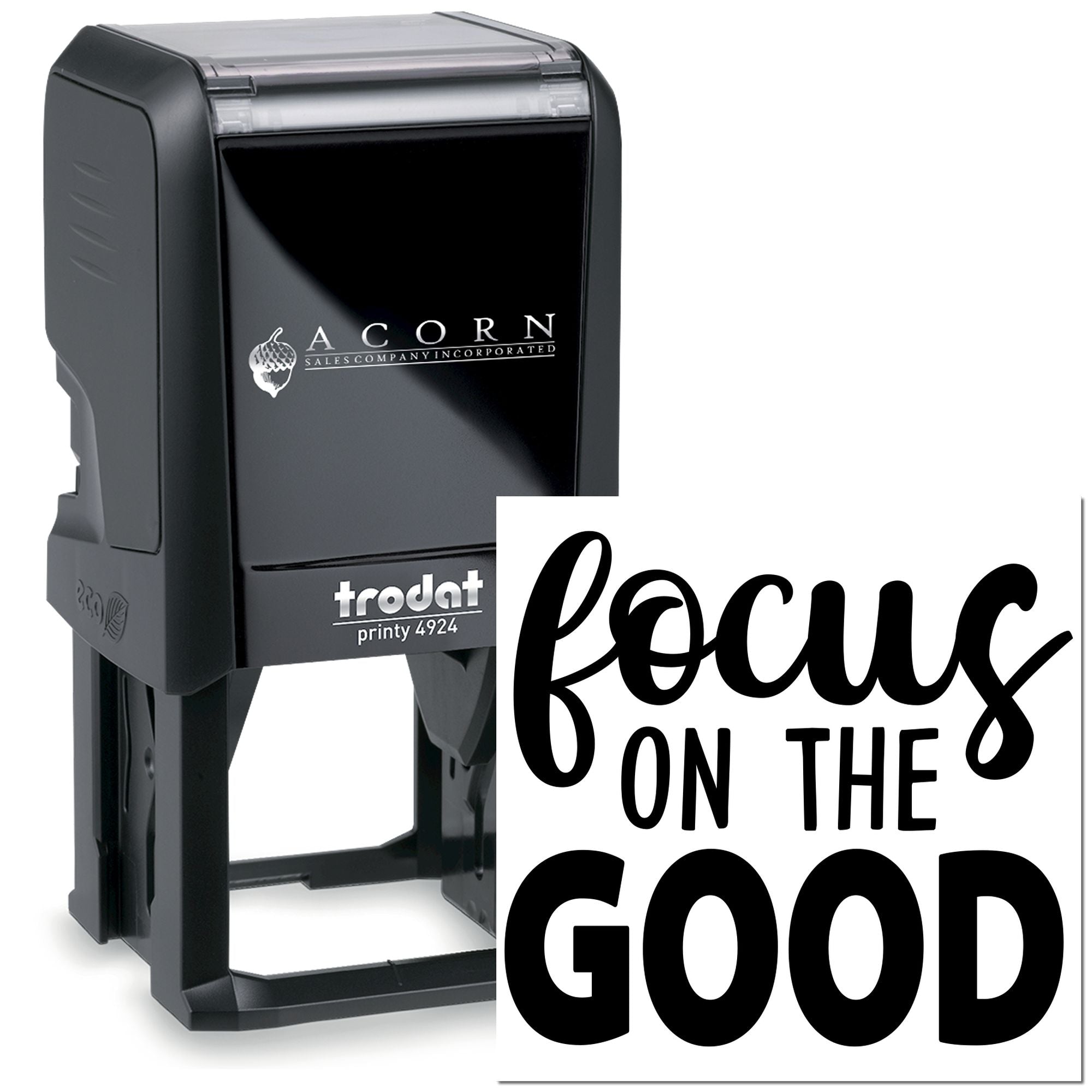 Trodat Printy 4924 self-inking rubber stamp with custom Focus on the Good design for office branding and personal messages.