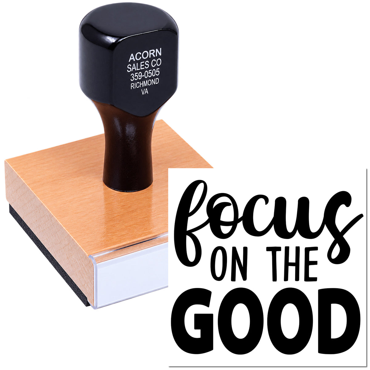 Custom rubber stamp with Focus on the Good design for motivational crafts, branding, and handmade projects.