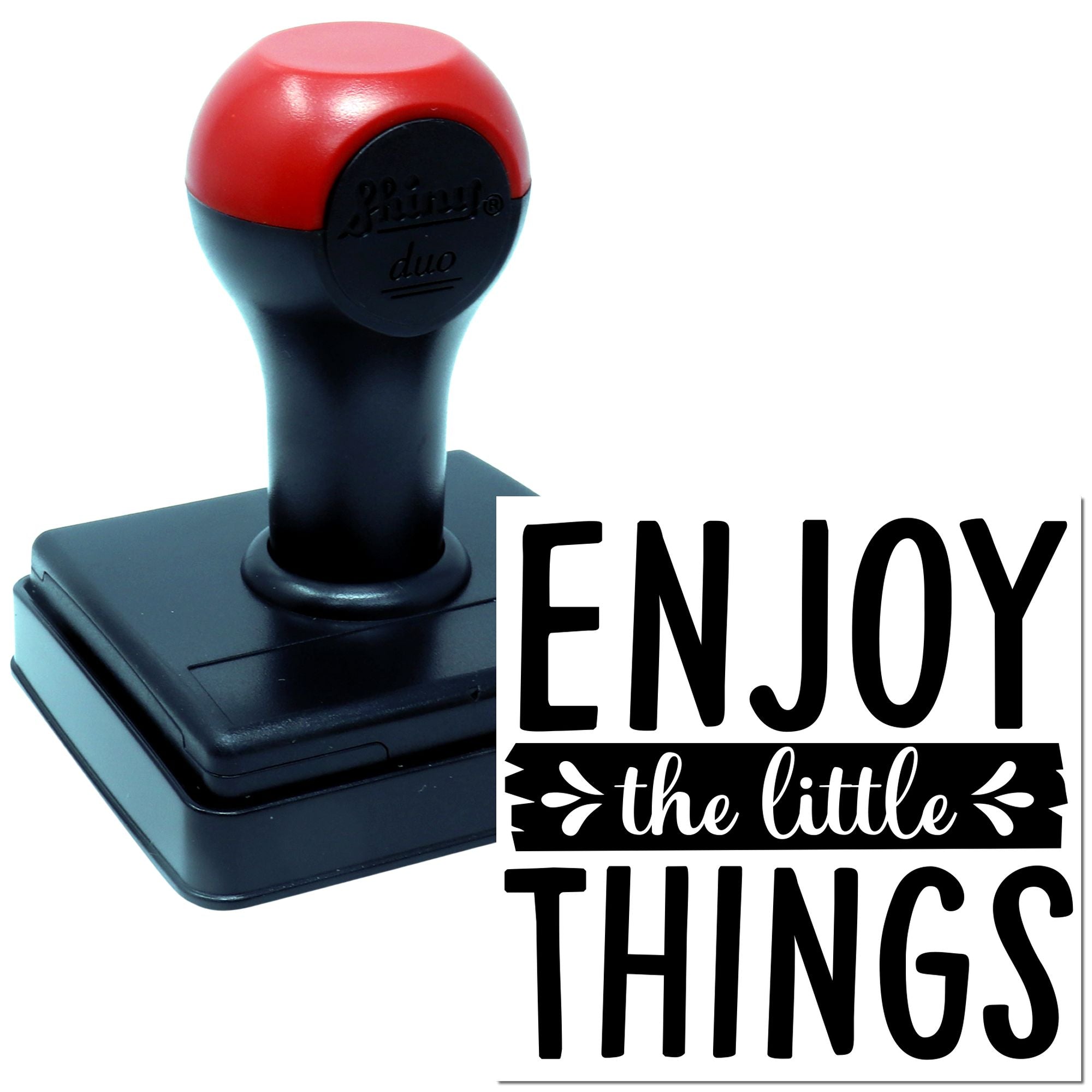 Self-inking rubber stamp with Enjoy the little things motivational quote for crafts, office use, and handmade packaging.