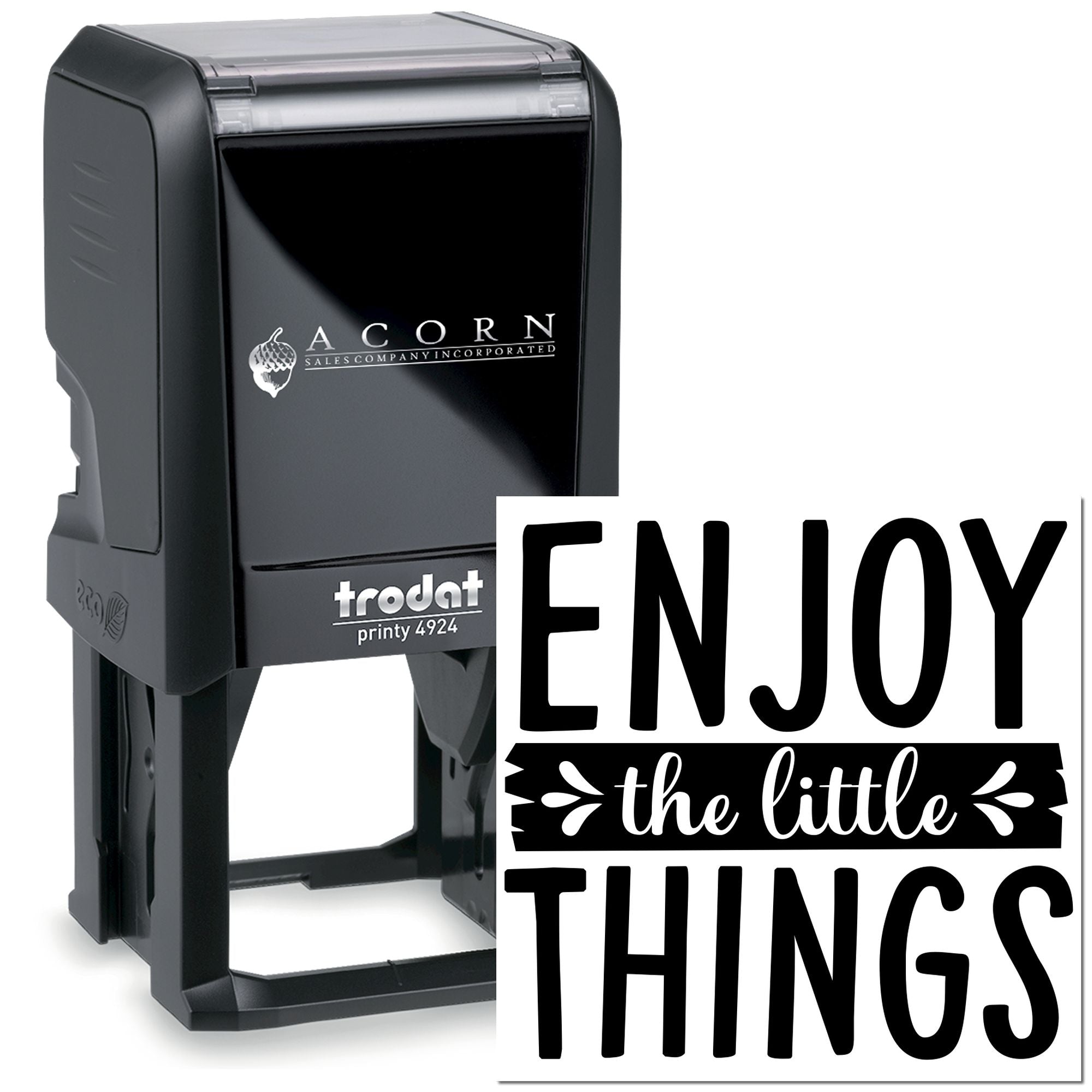 Custom self-inking rubber stamp with Enjoy the little things design for personalized craft, office, or business use.
