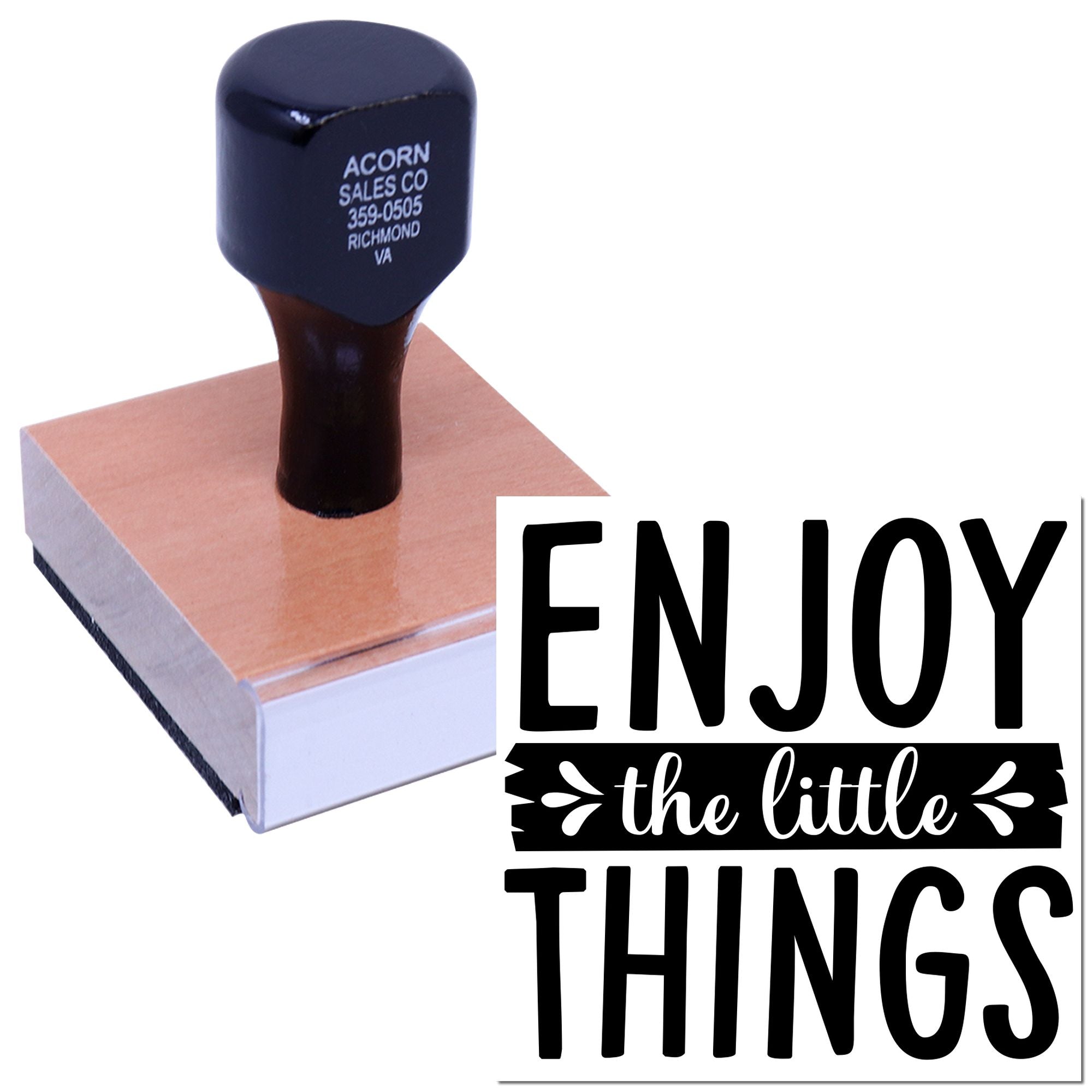 Personalized rubber stamp with Enjoy the Little Things design for crafts, packaging, and handmade business branding.