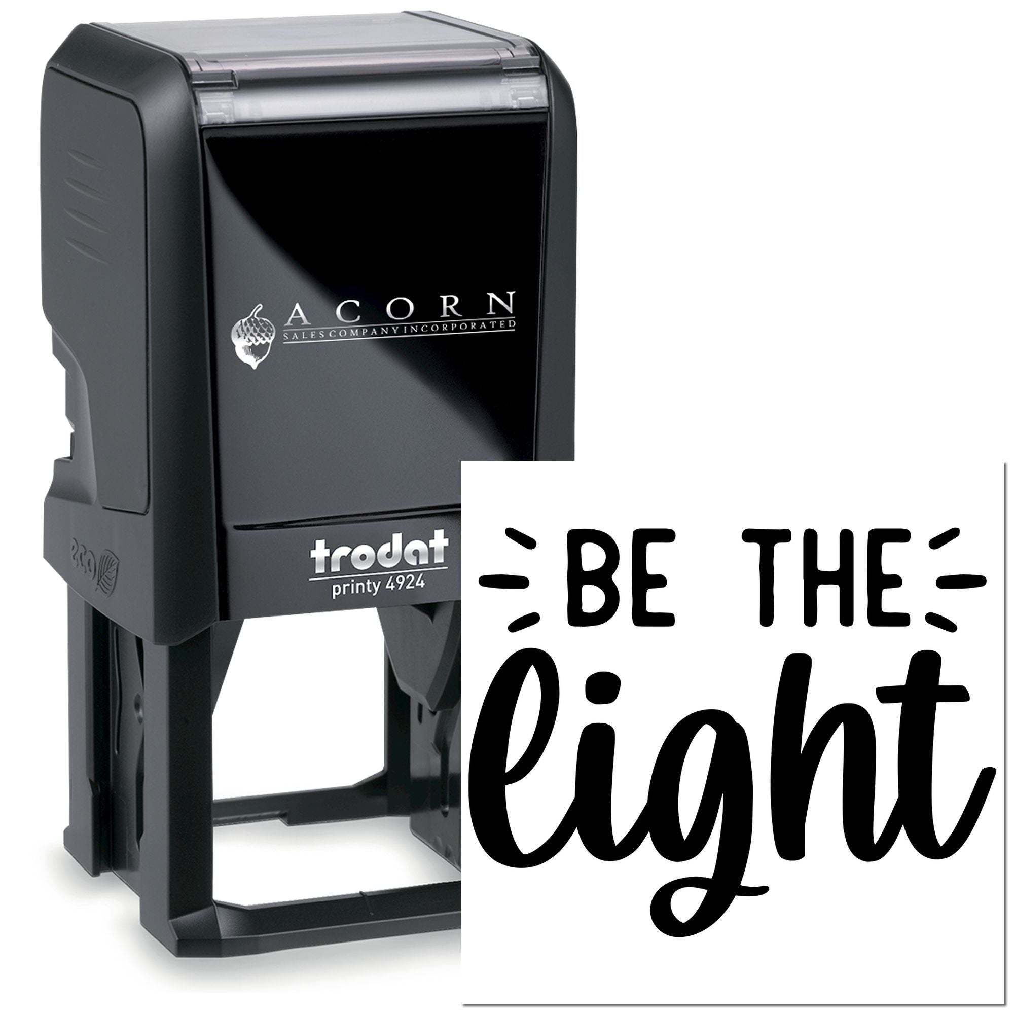 Custom Trodat self-inking rubber stamp with Be the Light design, ideal for branding, packaging, and business use.