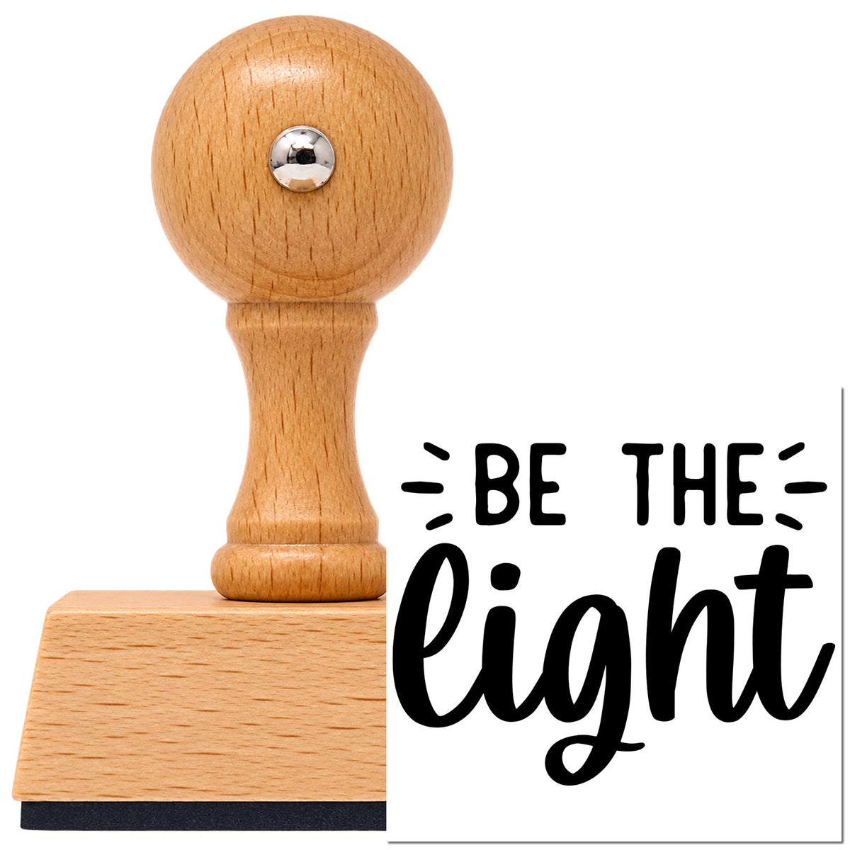 Be The Light Script Vintage Pro rubber stamp in European beech wood with a round knob handle, shown beside its black imprint.