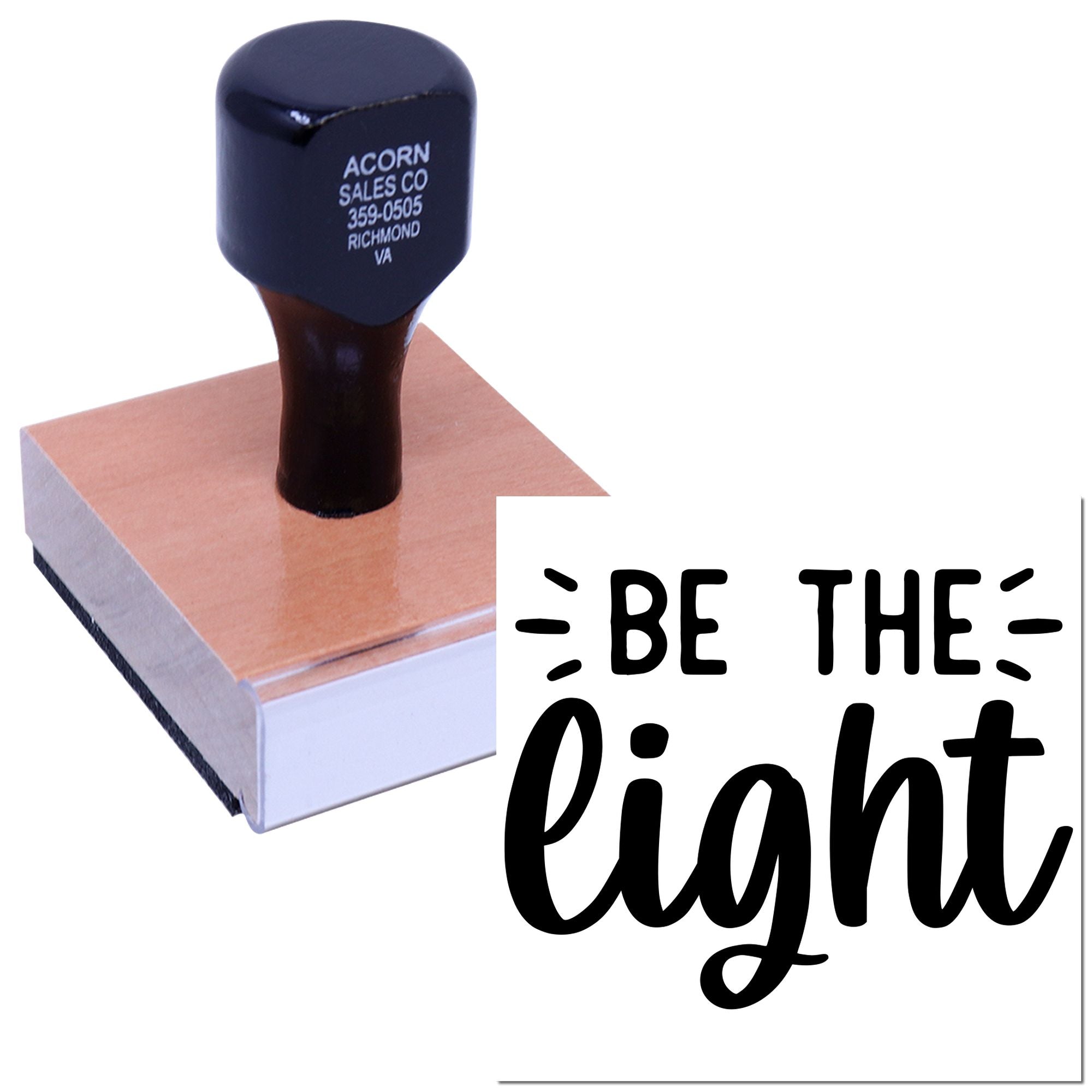 Custom self-inking rubber stamp with Be the Light design, showing the stamp and impression for branding or church use.
