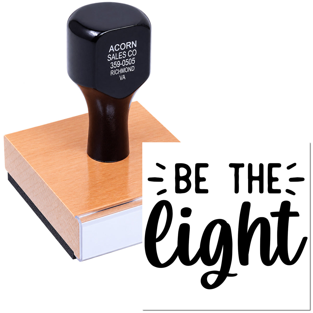 Custom self-inking rubber stamp with Be the Light design, showing the stamp and impression for branding or church use.