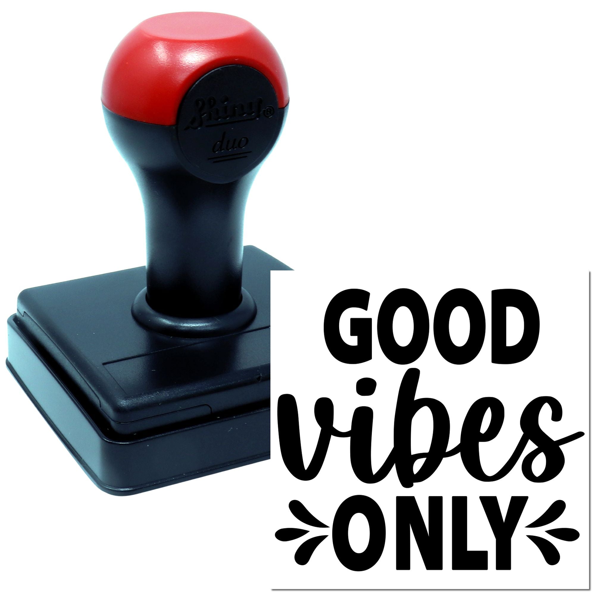 Self-inking rubber stamp featuring Good Vibes Only text for motivational branding and craft projects.