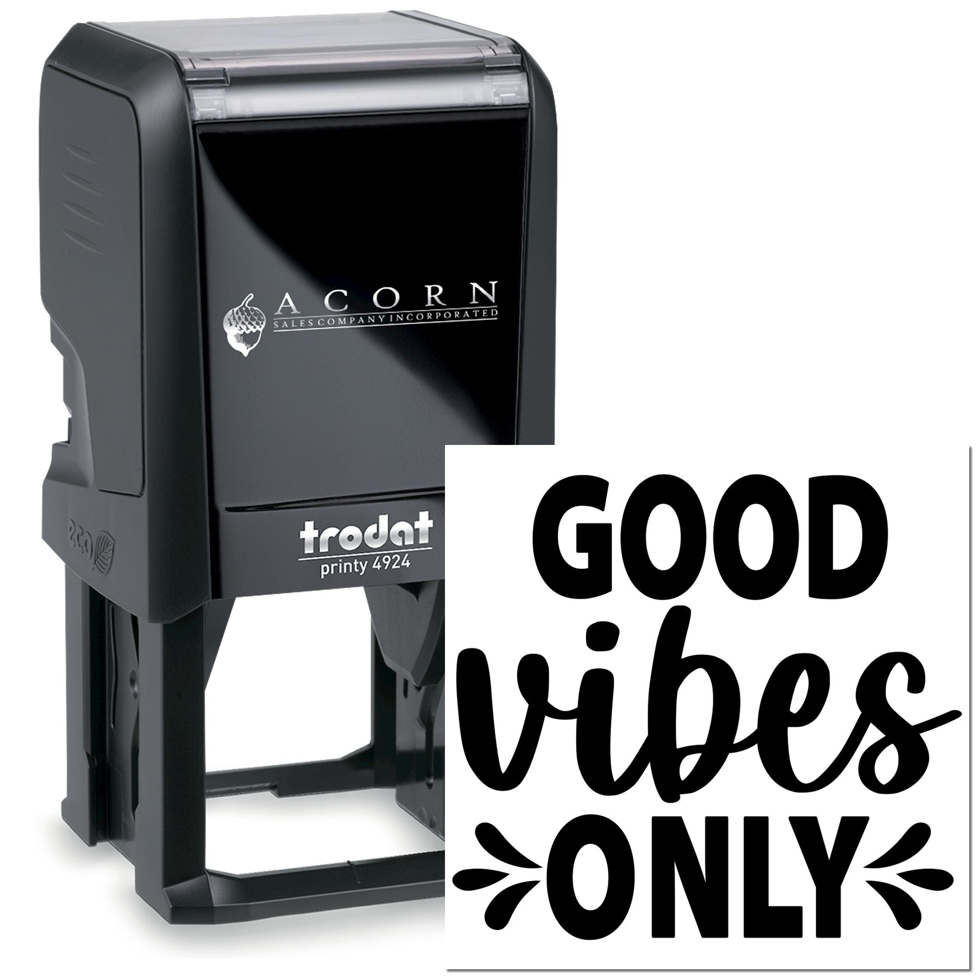 Trodat Printy 4924 self-inking custom rubber stamp with Good Vibes Only imprint for business branding and office use