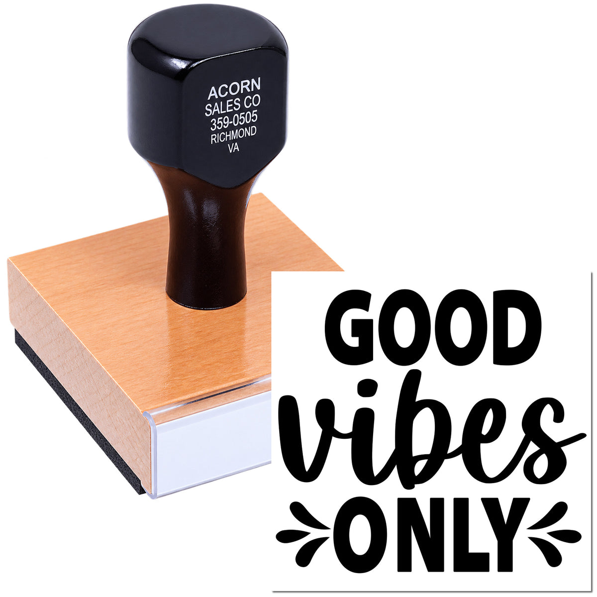 Wooden rubber stamp printing Good Vibes Only for branding, crafts, and packaging.