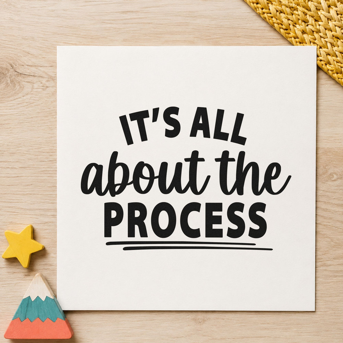 All About The Process craft stamp imprint in black ink on a handmade project, one idea being print sleeve tags.