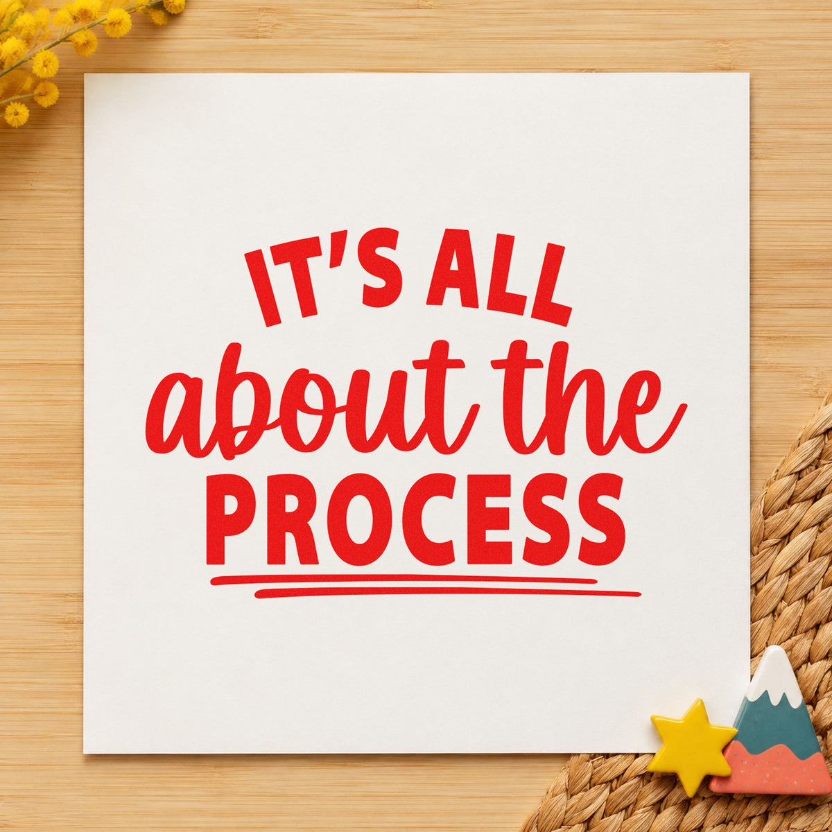 All About The Process rubber stamp shown in red ink, stamped for projects such as bin chemistry labels.