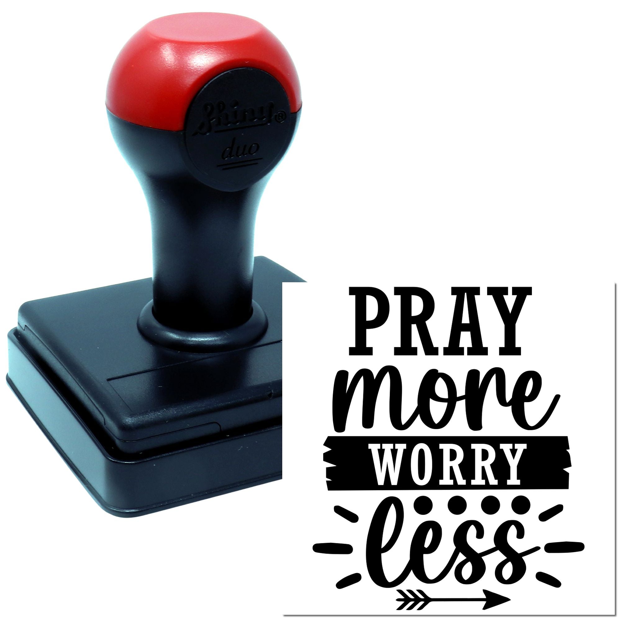 Self-inking rubber stamp with Pray more, worry less motivational design for cards, crafts, and faith-based projects.