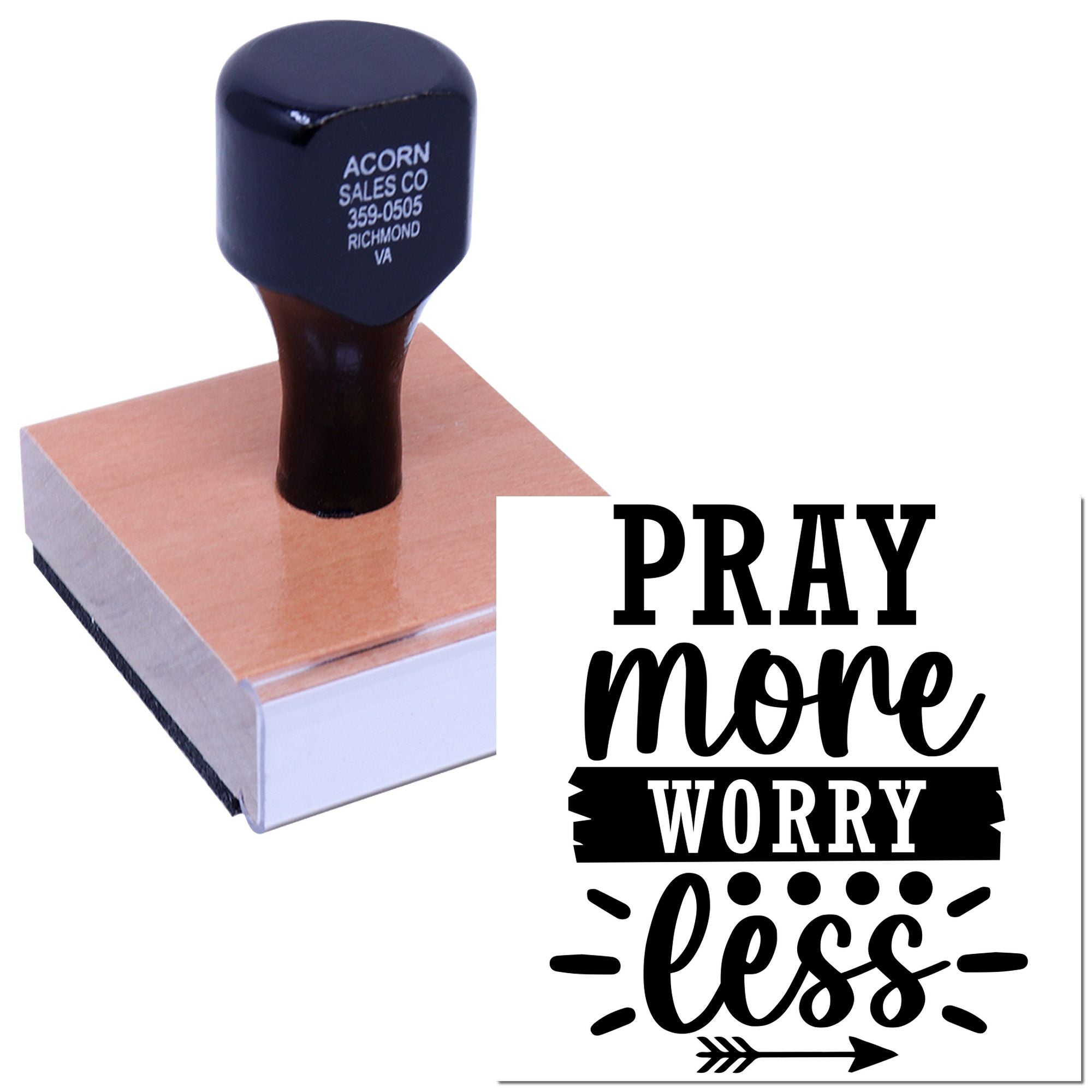 Christian rubber stamp with Pray more Worry Less design for faith-based crafts and inspirational stamping.