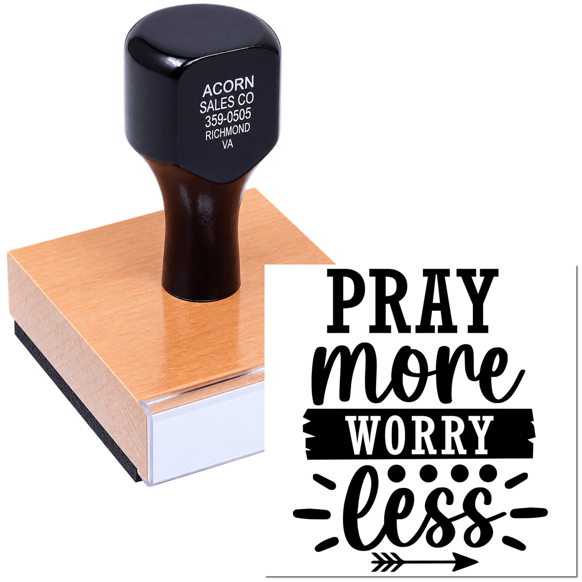 Christian rubber stamp with Pray more Worry Less design for faith-based crafts and inspirational stamping.