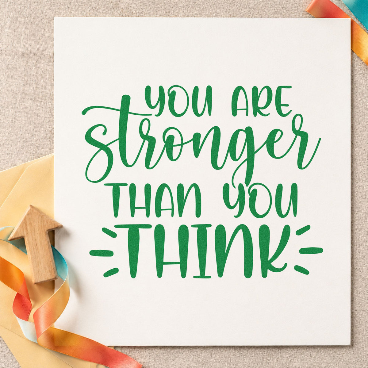 You Are Stronger Than Think craft stamp in green ink on cardstock, an easy option for race album page.
