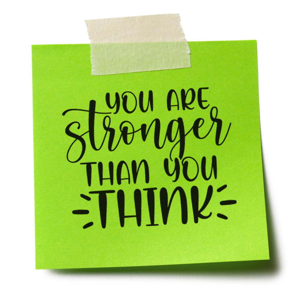 You Are Stronger Than Think Premium Wood-Mounted Stamp - Vintage Pro imprint stamped in blue ink. The phrase "You are stronger than you think" appears in mixed lettering with emphasis lines.