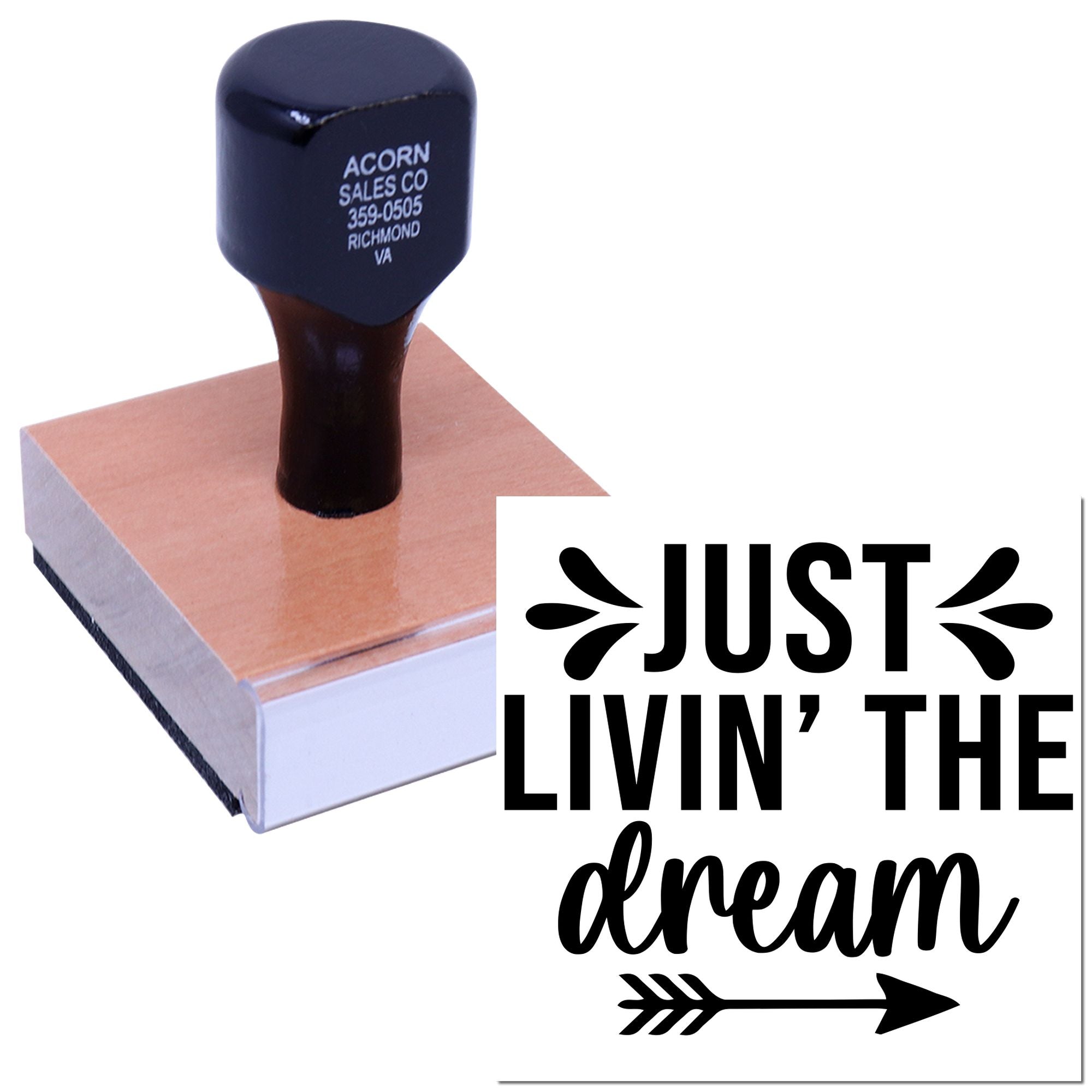 Custom rubber stamp with Just Livin the Dream design for personalized crafts, branding, and stationery.
