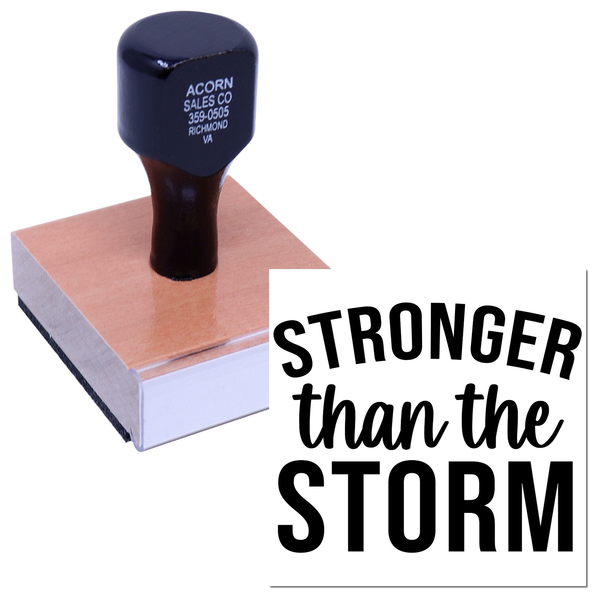 Custom rubber stamp featuring Stronger than the Storm for inspirational branding, crafts, and business packaging.