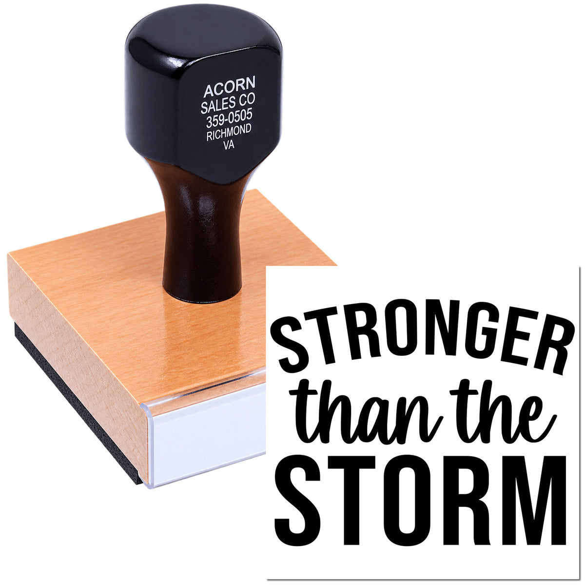 Custom rubber stamp featuring Stronger than the Storm for inspirational branding, crafts, and business packaging.