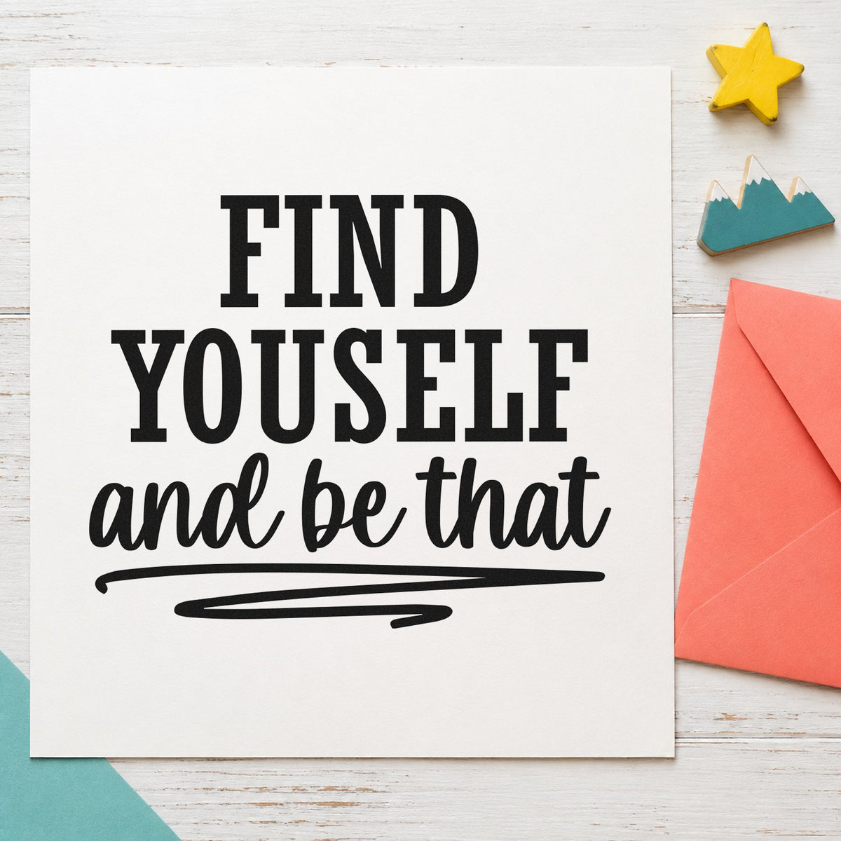 Find Yourself And Be That craft stamp imprint in black ink on a handmade project, one idea being recovery kit tags.