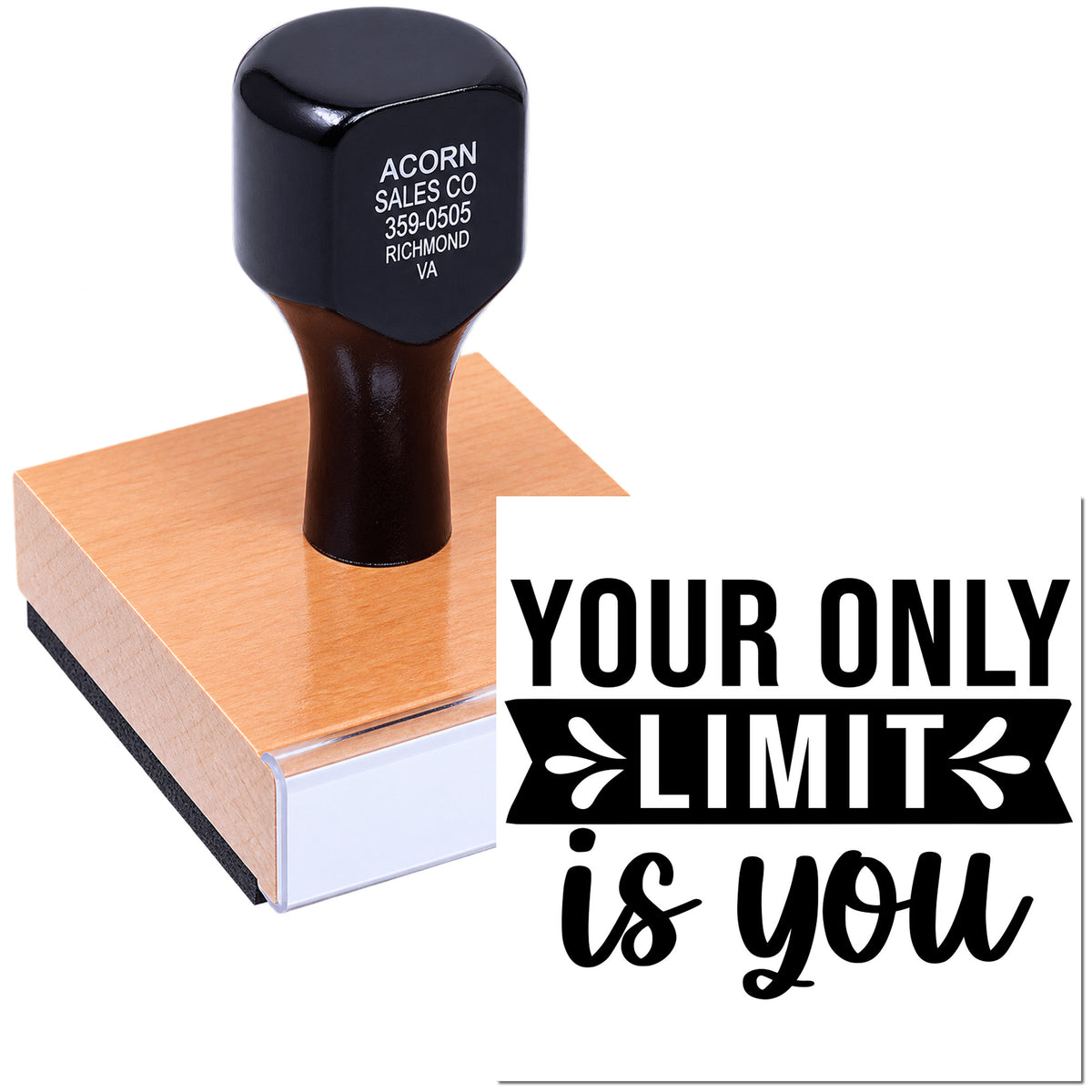 Custom rubber stamp with business address and Your Only Limit Is You design for branding, crafts, and office use.