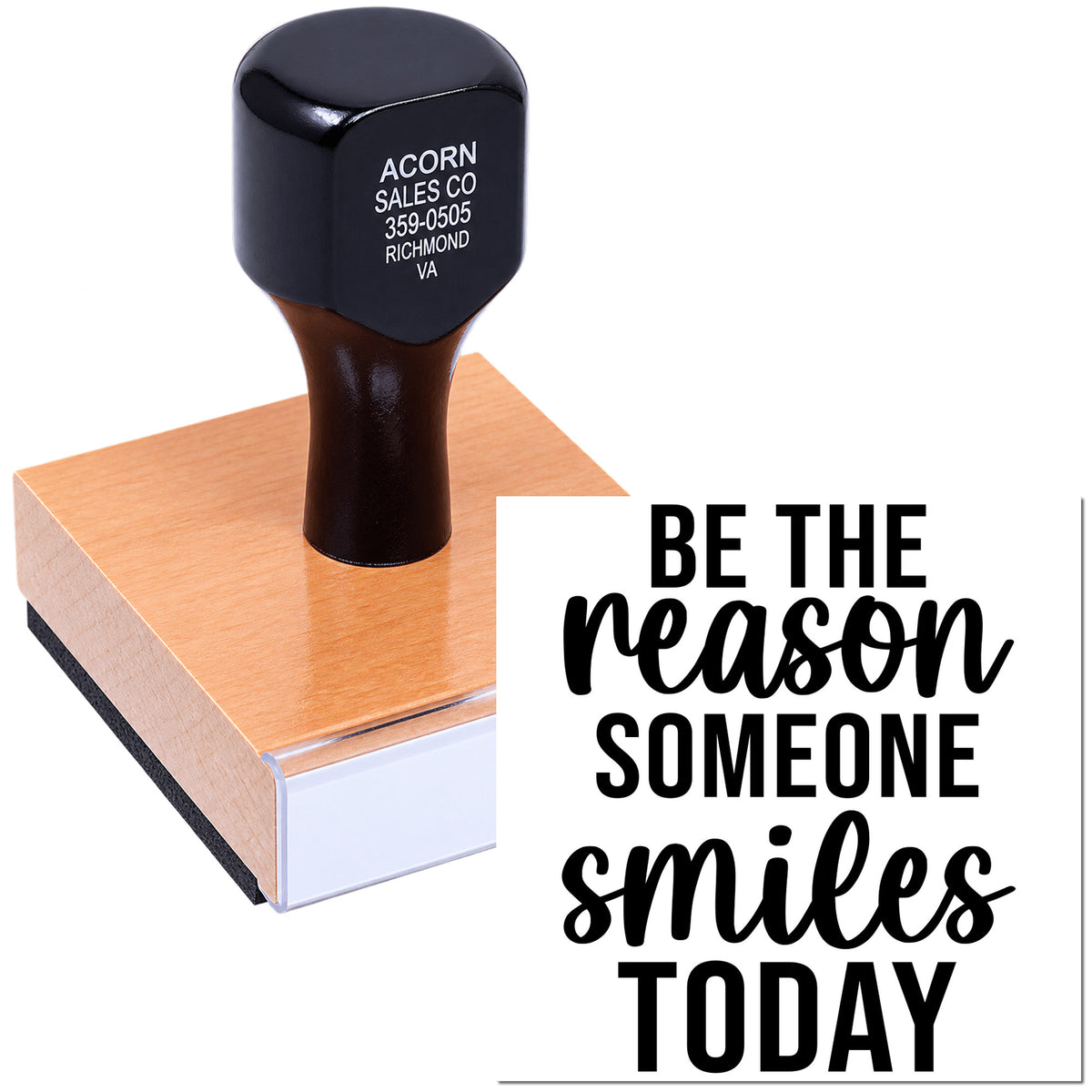 Custom rubber stamp with Be the reason someone smiles today message for cards, crafts, and business branding.