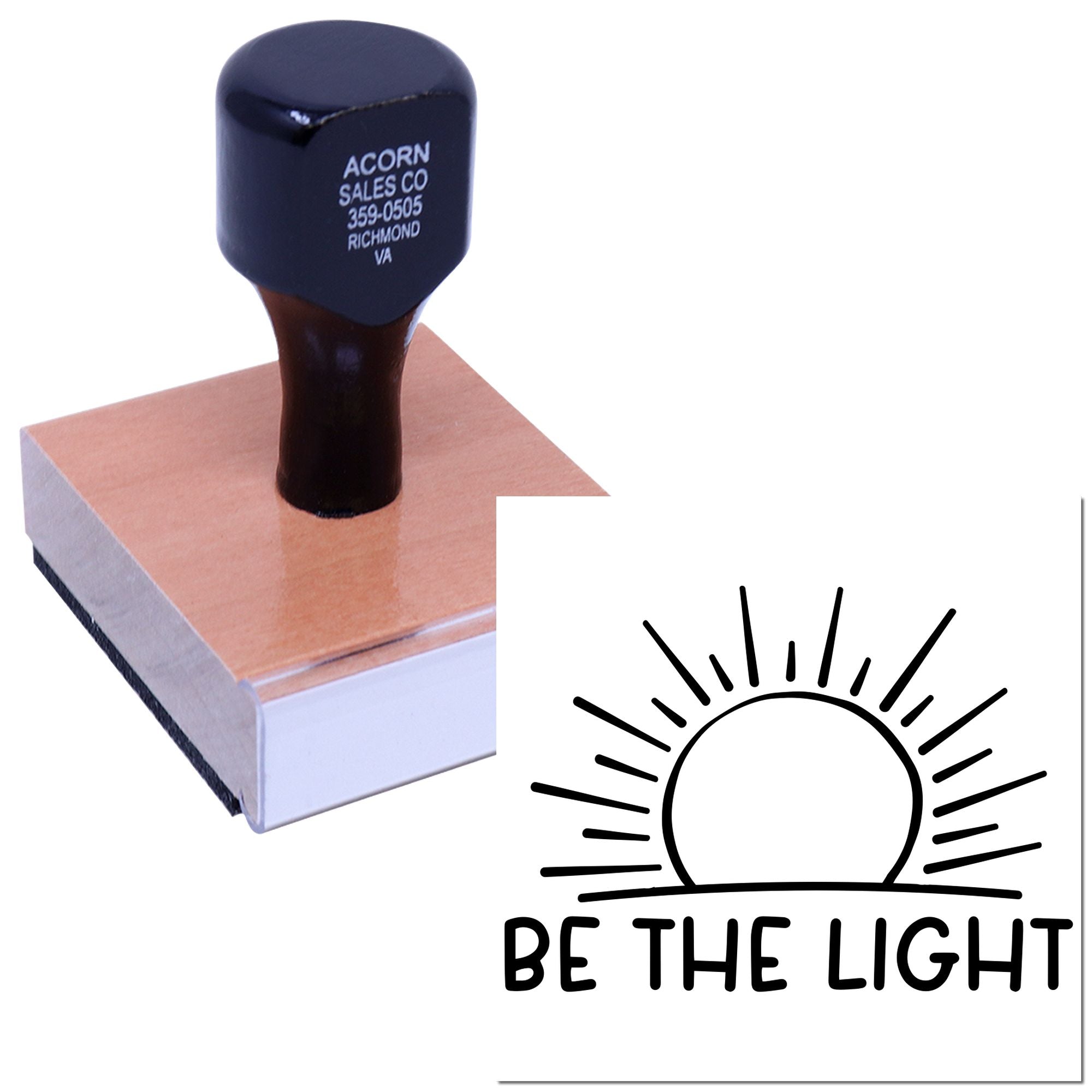 Custom rubber stamp with Be the Light logo, ideal for business branding, packaging, and stationery.