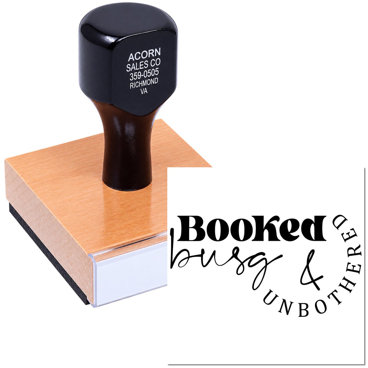Custom rubber stamp featuring Booked, Busy & Unbothered design for branding, stationery, and small business use.